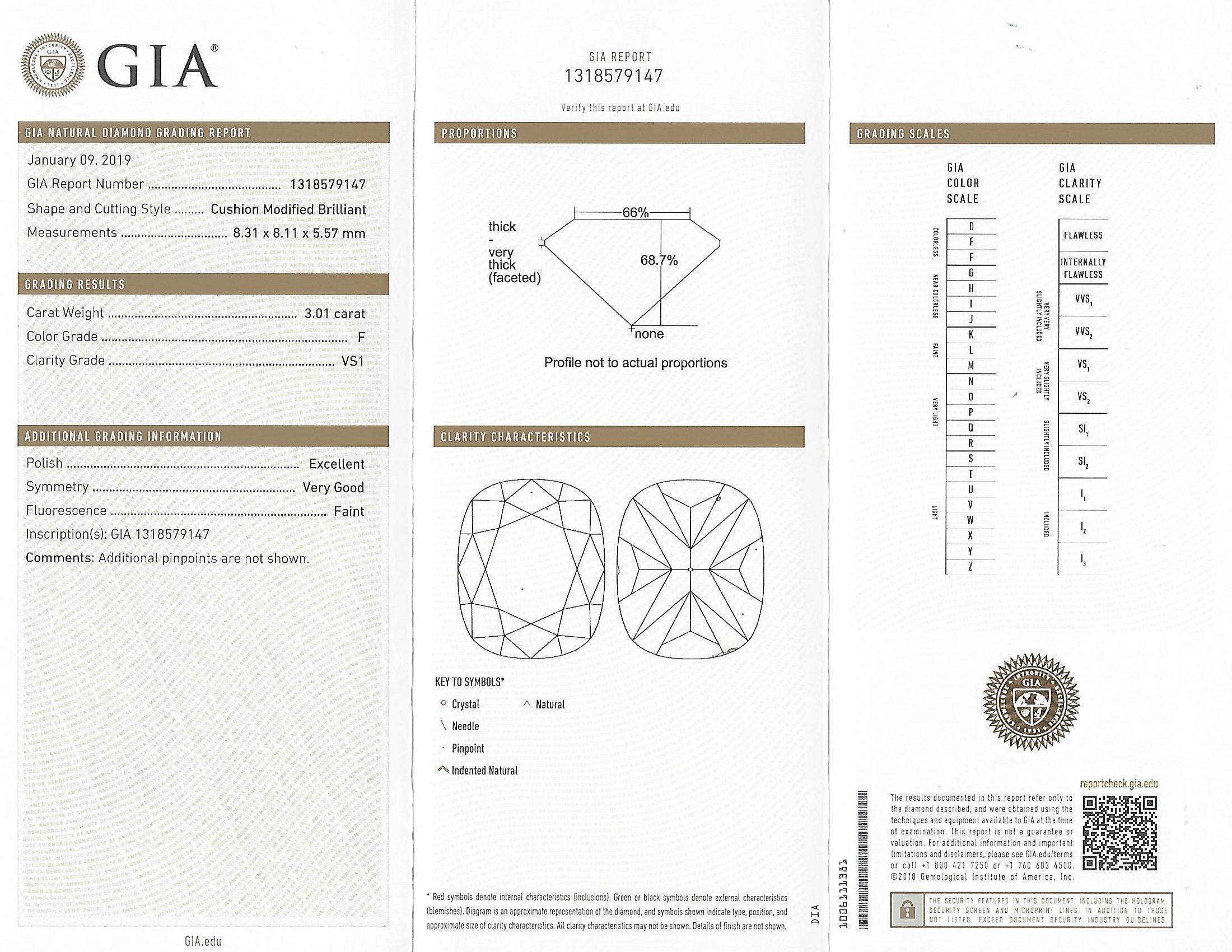 Women's Custom GIA 3.01 Carat, F/VS1 Cushion Diamond Ring