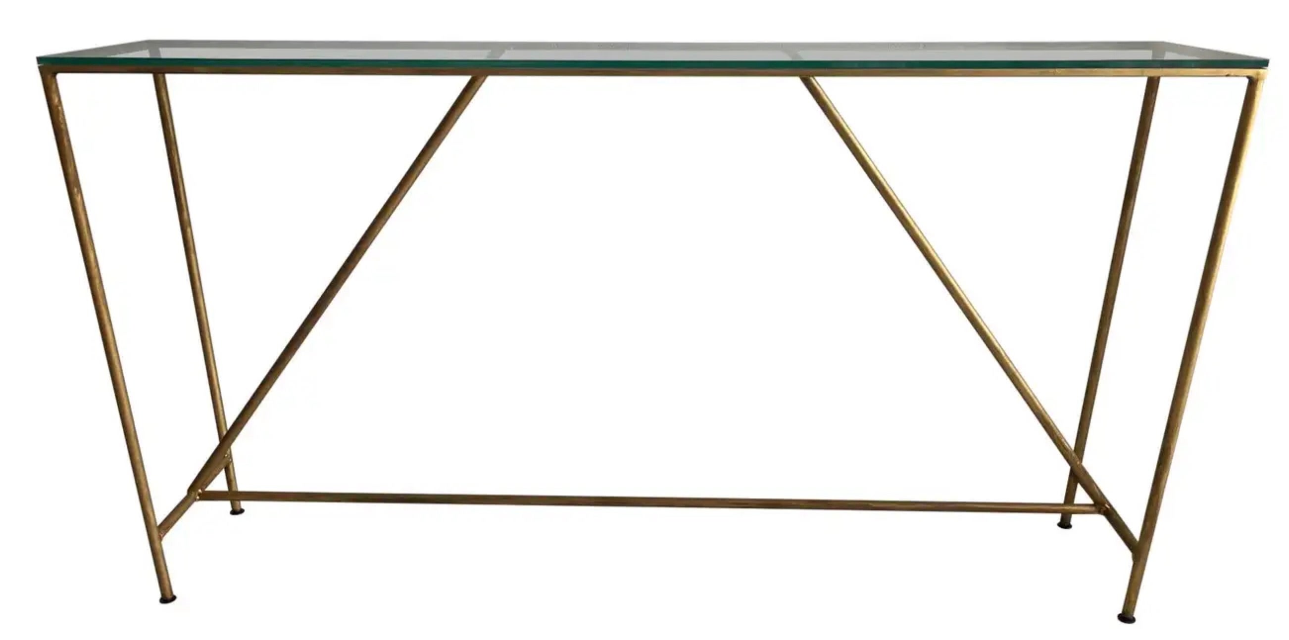 Contemporary and rustic at the same time, this custom made metal base has a gold finish but other finishes are available. Great as console or sofa table. The listing is for the table base only. We can help you source a top of your choice, be it