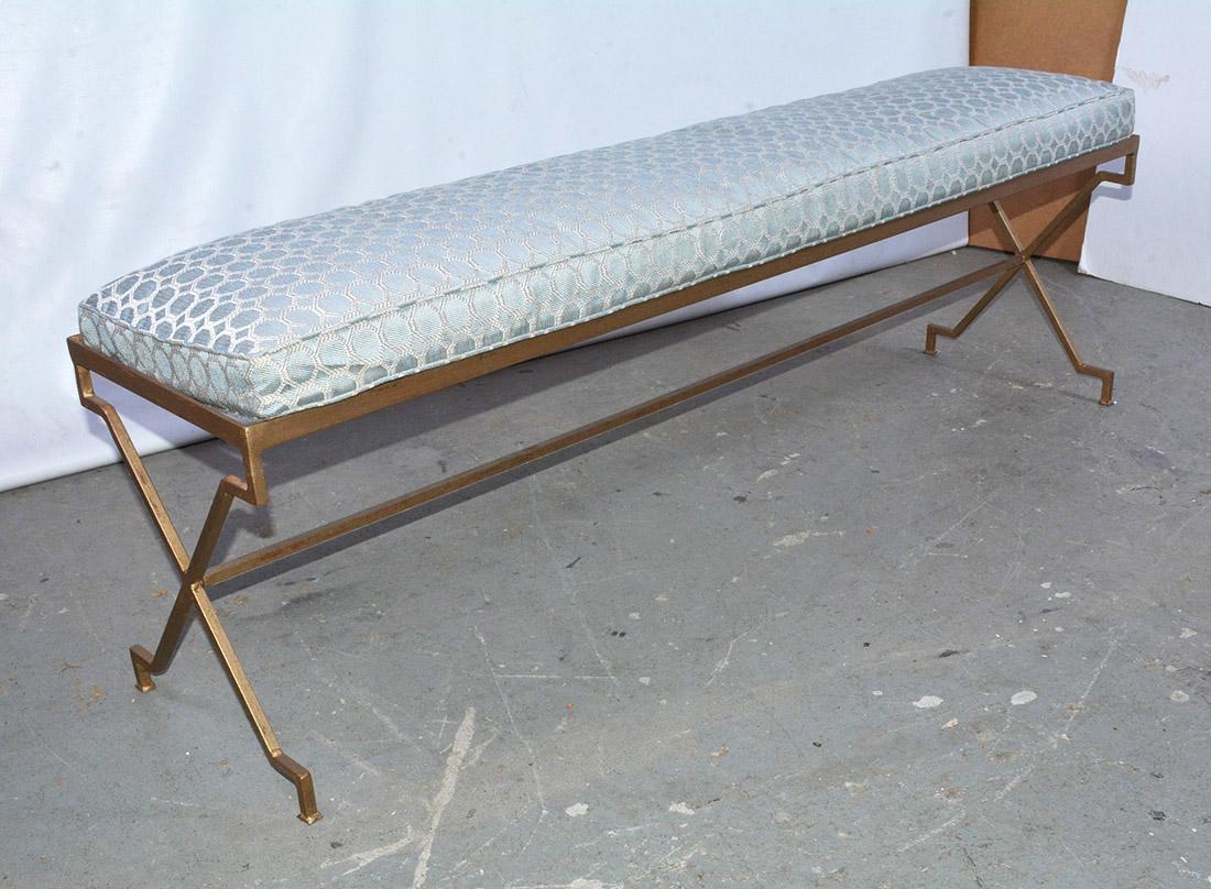 The custom elegant neoclassical style modern gilt metal bench has x-form legs with angular turns reminiscent of the Greek key design. Nine slats and inset frame.
We can make this in the size you need. The style of this base is appropriate for coffee