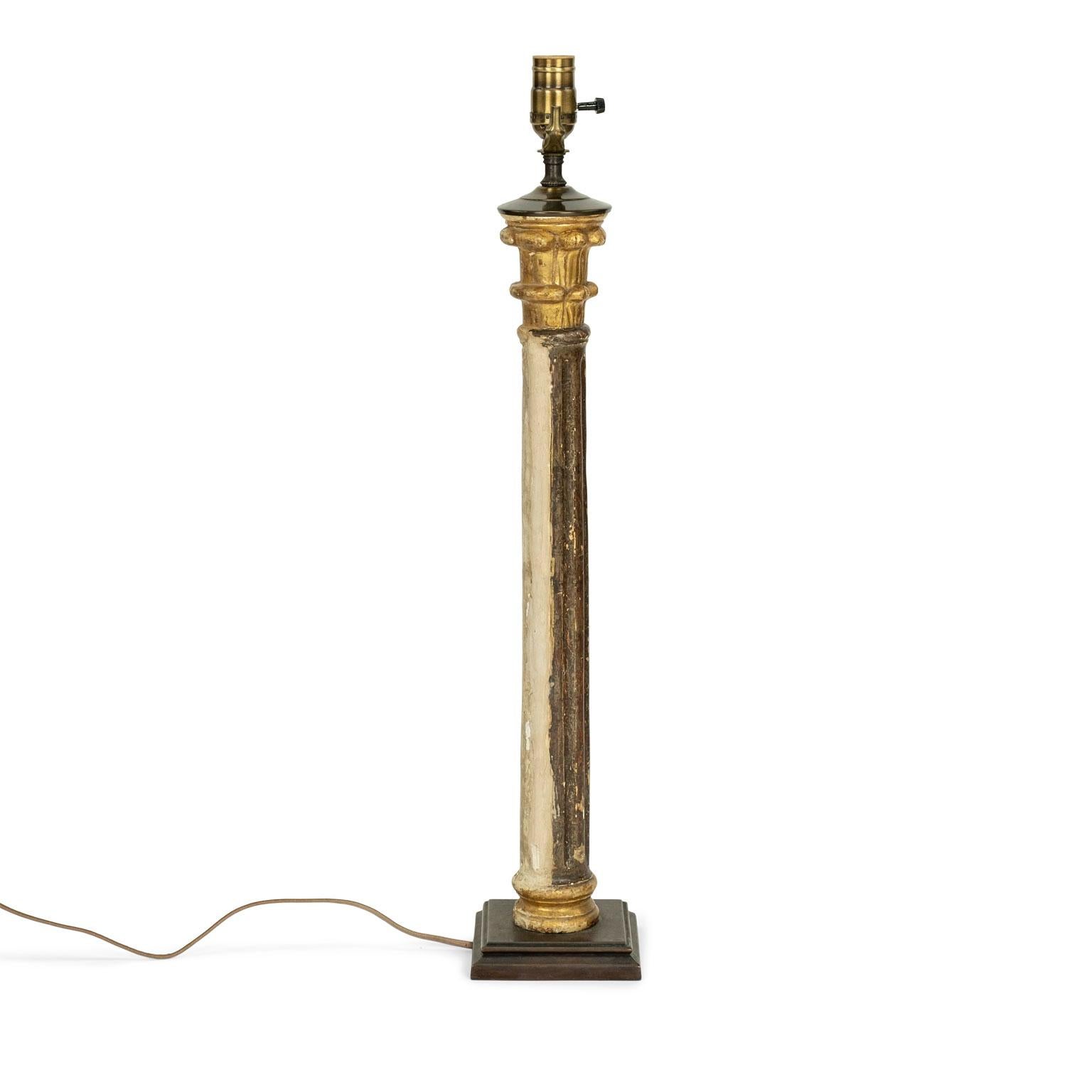 Custom giltwood column table lamp: early 19th century hand-carved giltwood column newly wired as a table lamp. Wired for use within the USA. Sold without shade.

Note: Original/early finish on antique and vintage metal will include some, or all, of