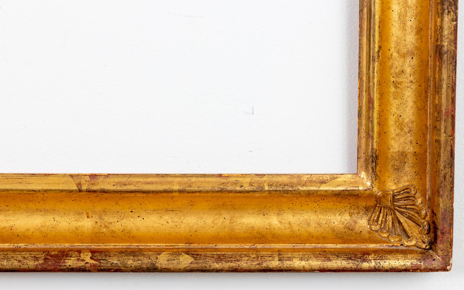 Circa 2000s custom gold leaf frame in wood with palmettes on the corners. Please note of wear consistent with age.