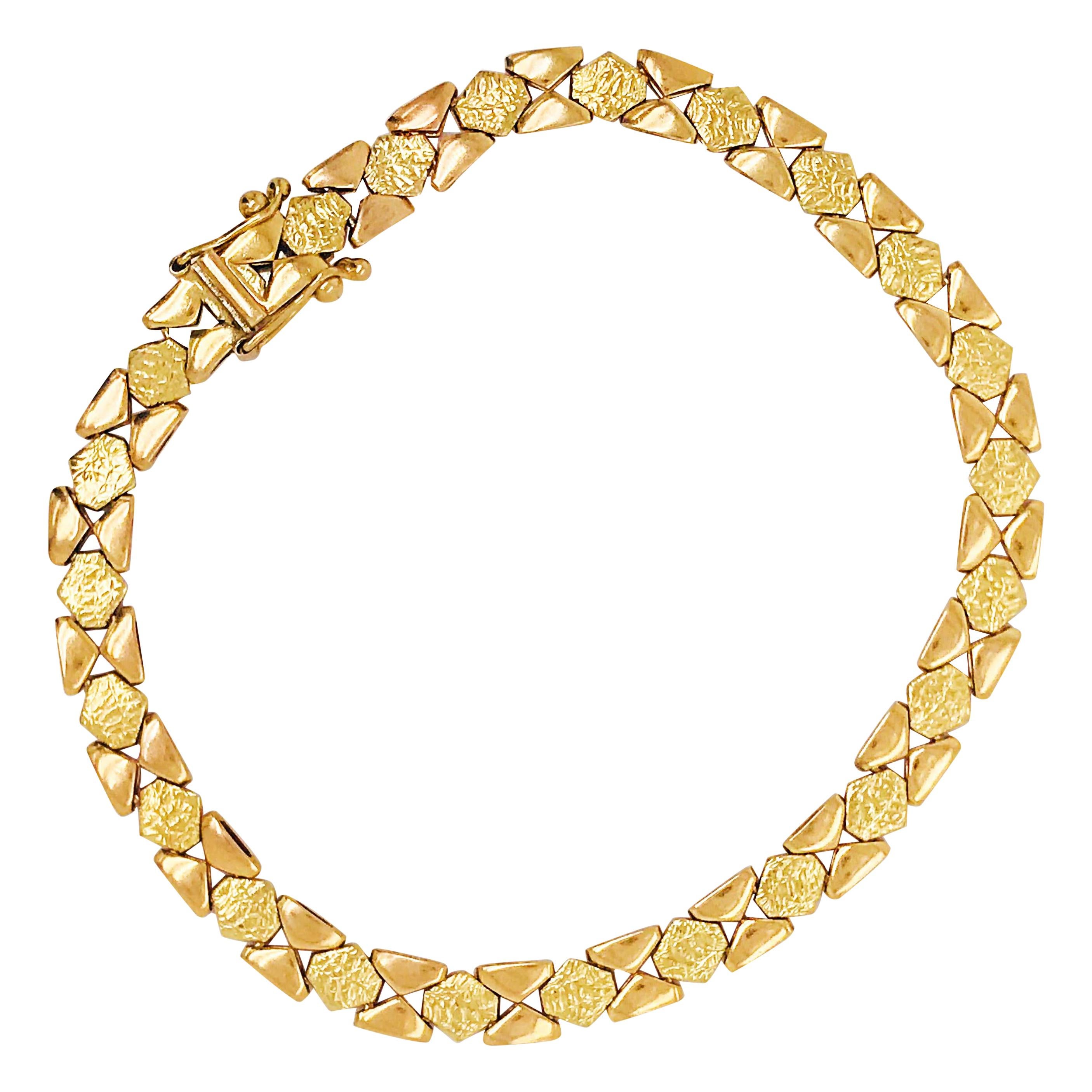 Custom Gold Textured Chain Bracelet, 14 Karat Gold Diamond Shaped Wide Chain