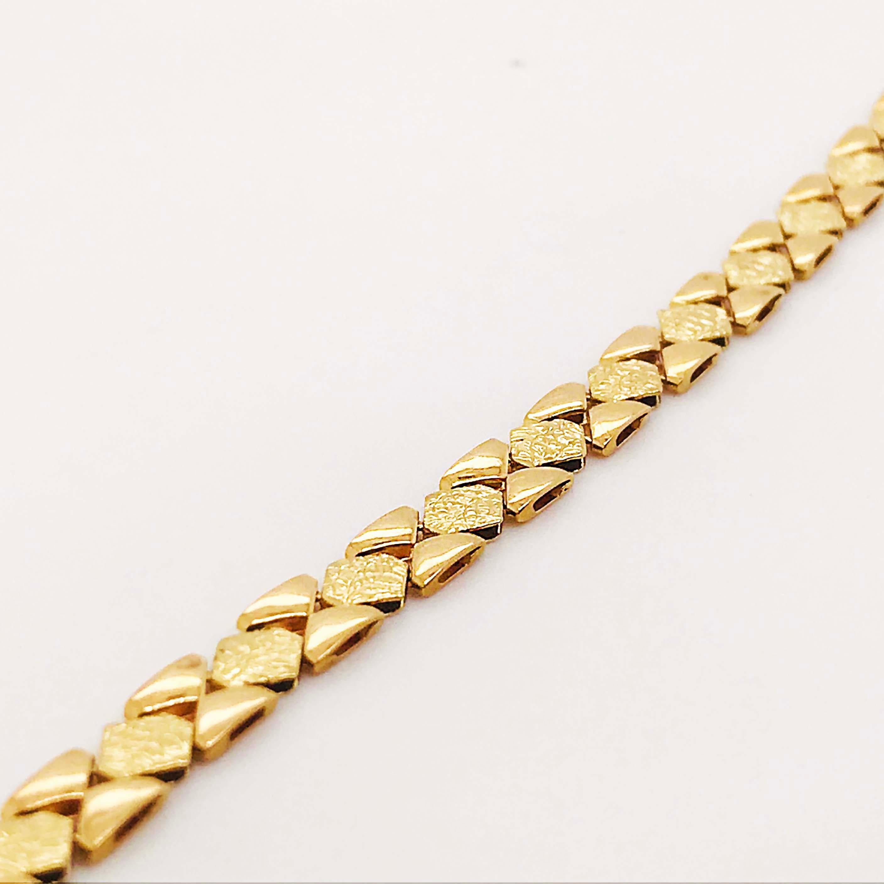 Women's or Men's Custom Gold Textured Chain Bracelet, 14 Karat Gold Diamond Shaped Wide Chain