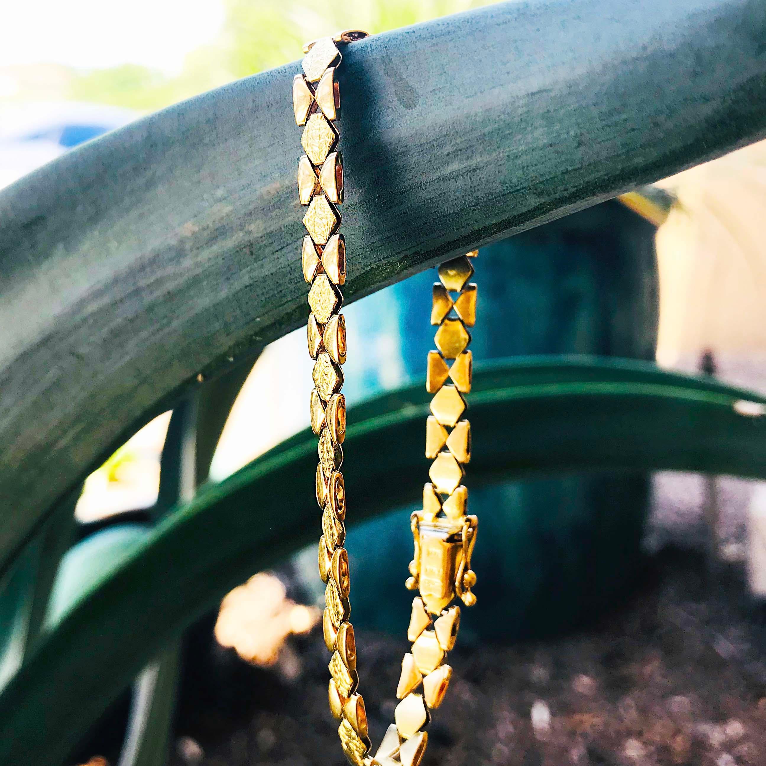 Custom Gold Textured Chain Bracelet, 14 Karat Gold Diamond Shaped Wide Chain 3