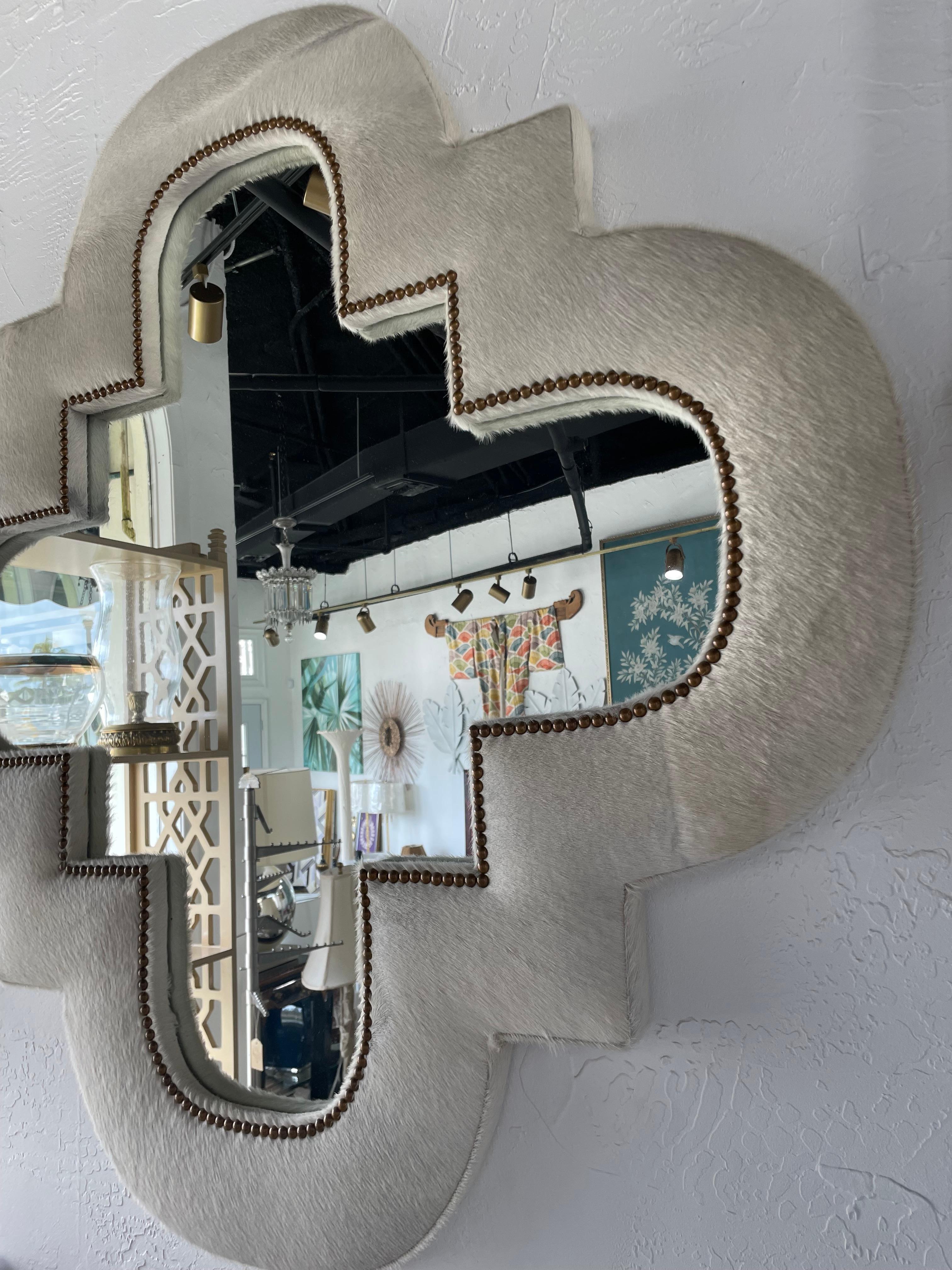 Modern Custom Gothic Hide-Covered Quatrefoil Mirror For Sale