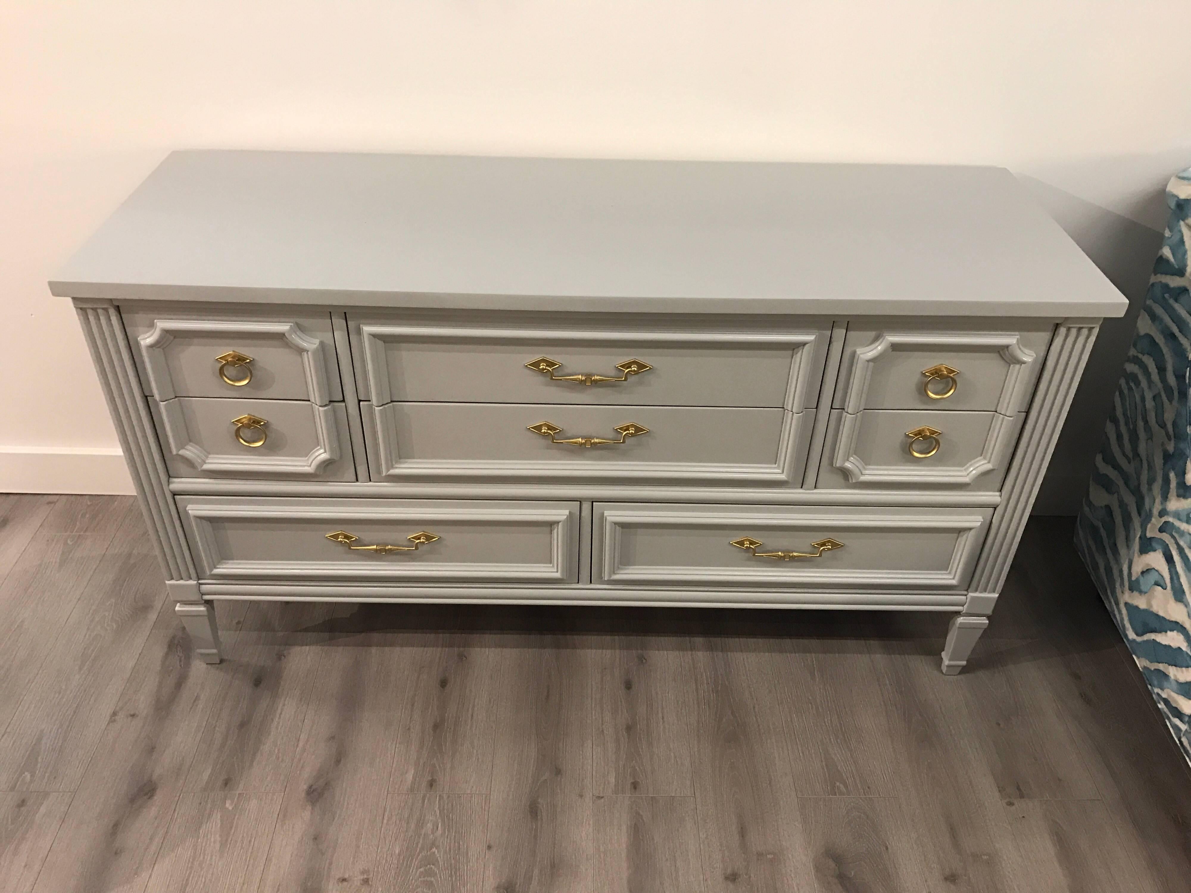 Fully restored custom gray lacquer dresser, chest of drawers, credenza with gold hardware. Spectacular!