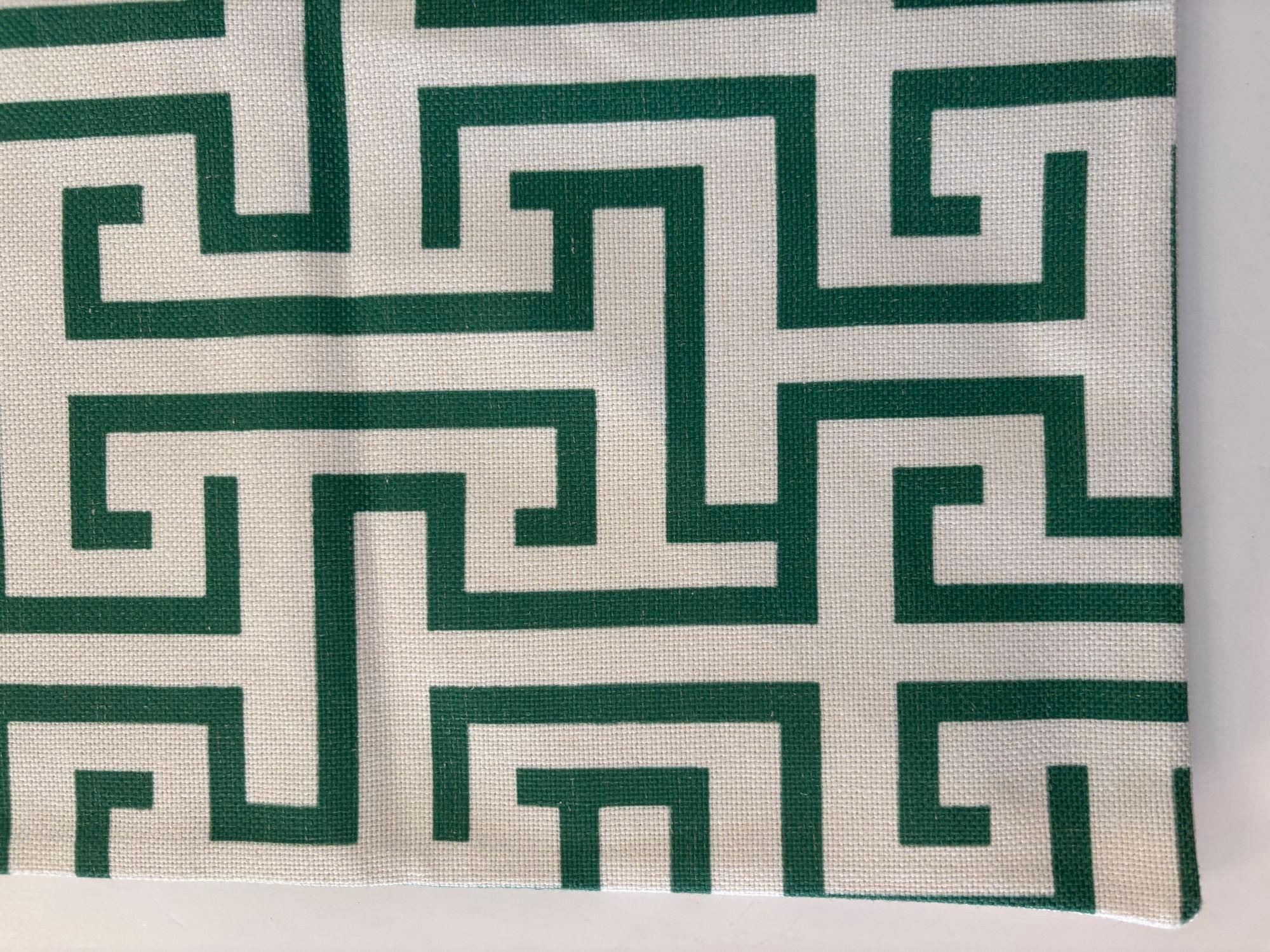 Custom made beautiful modern linen decorative pillow.
Ming Trail fabric in green color on white.
Ming Trail is a popular pattern in the Dynasty collection.
Ming Trail is a modern, balanced, geometric trellis inspired by traditional chinoiserie