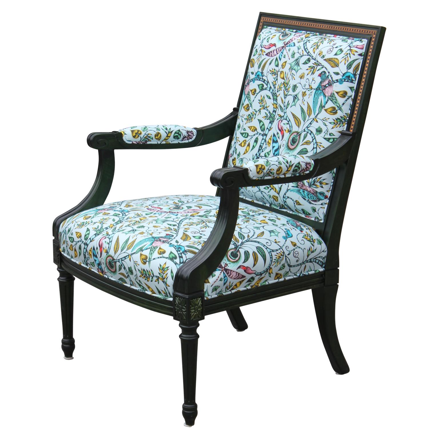 French Provincial Custom Green Dyed French Armchair with Tropical Animalia Upholstery