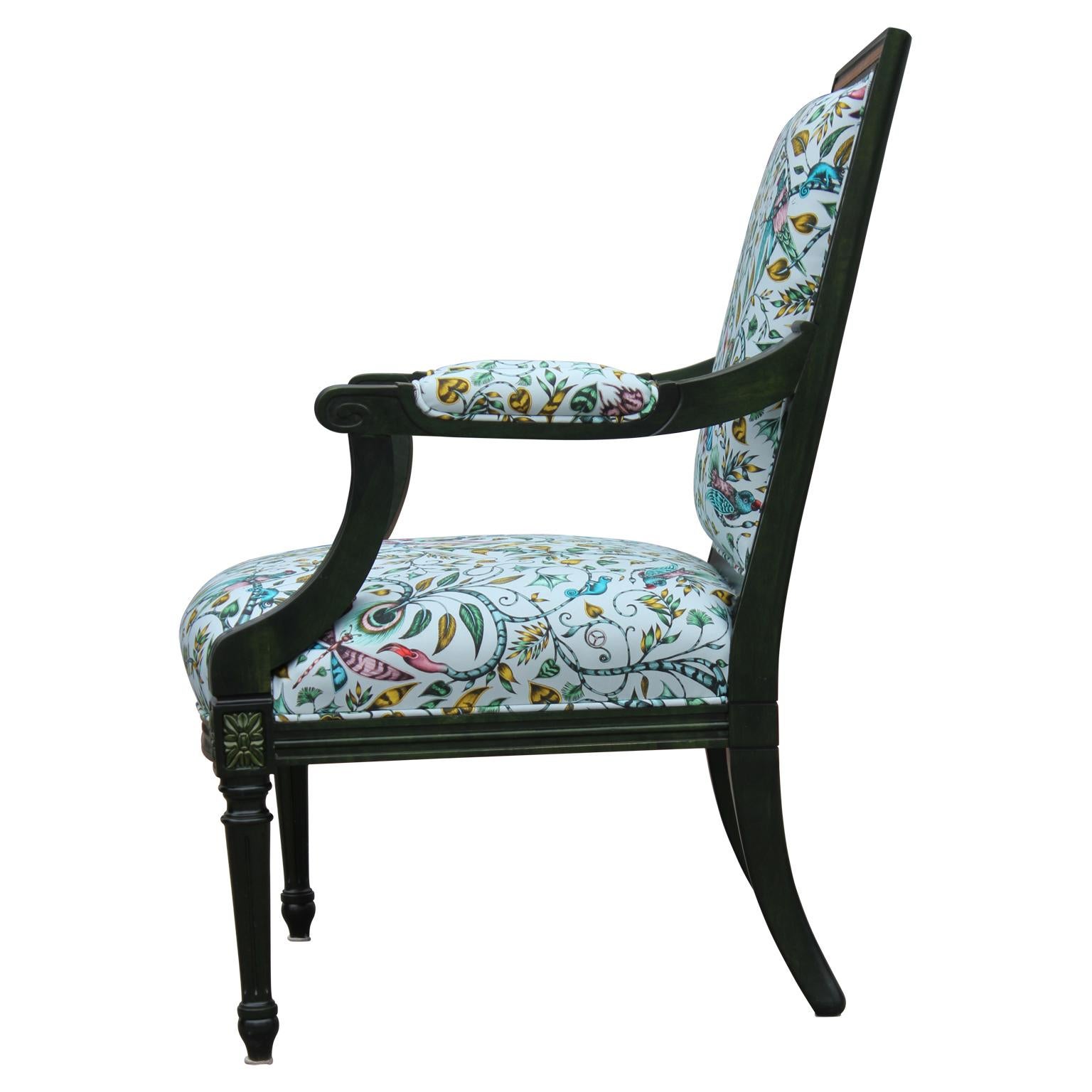 Custom Green Dyed French Armchair with Tropical Animalia Upholstery In Excellent Condition In Houston, TX