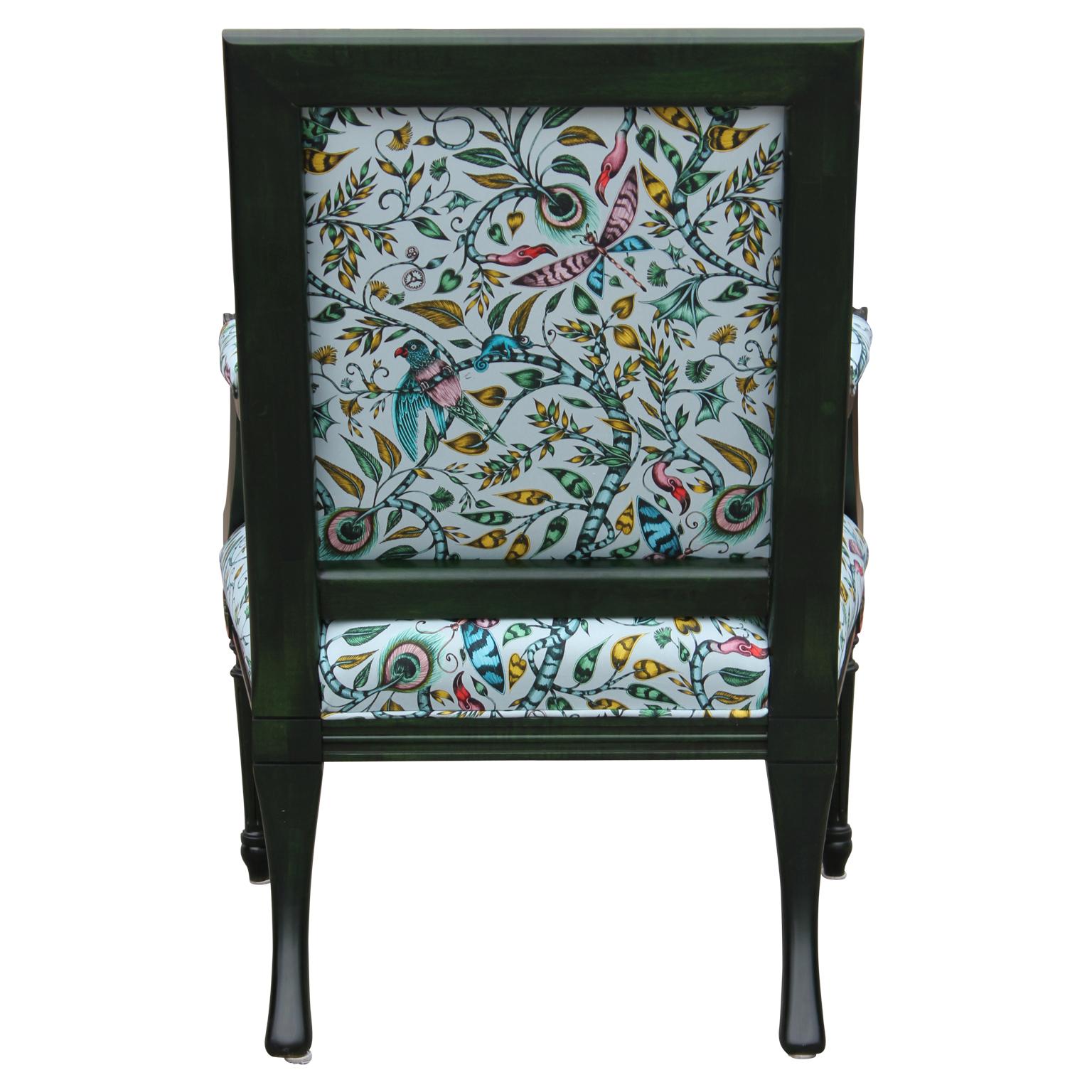 20th Century Custom Green Dyed French Armchair with Tropical Animalia Upholstery