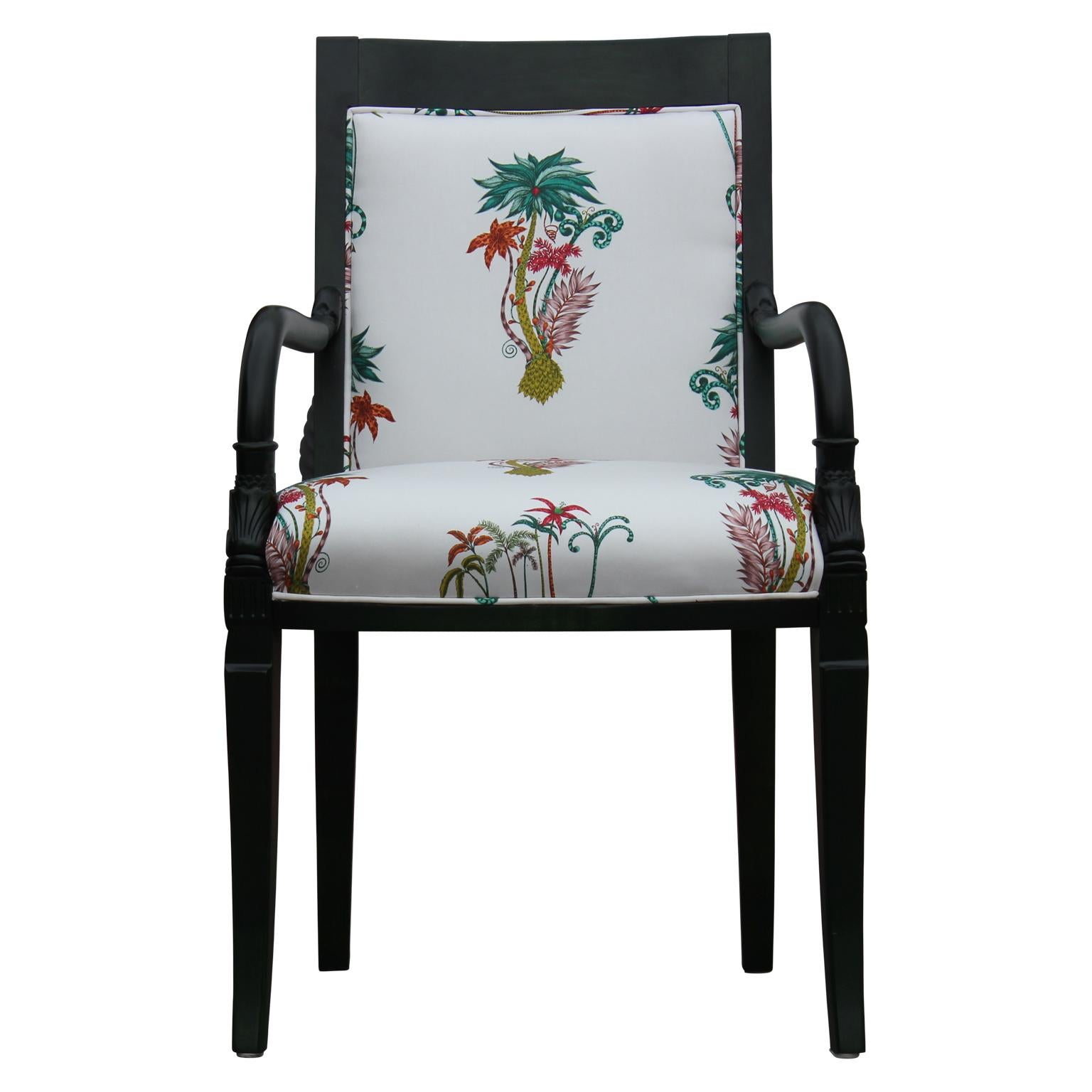 Beautiful Louis the XV style green dyed French armchair with custom tropical upholstery featuring a floral palm tree design.
