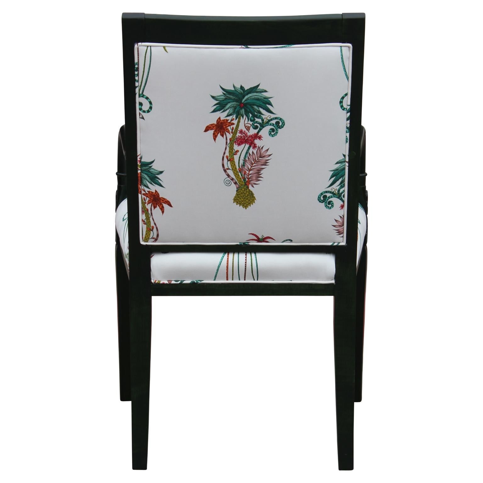 Modern Custom Green Dyed French Armchair with Tropical Palm Tree Upholstery