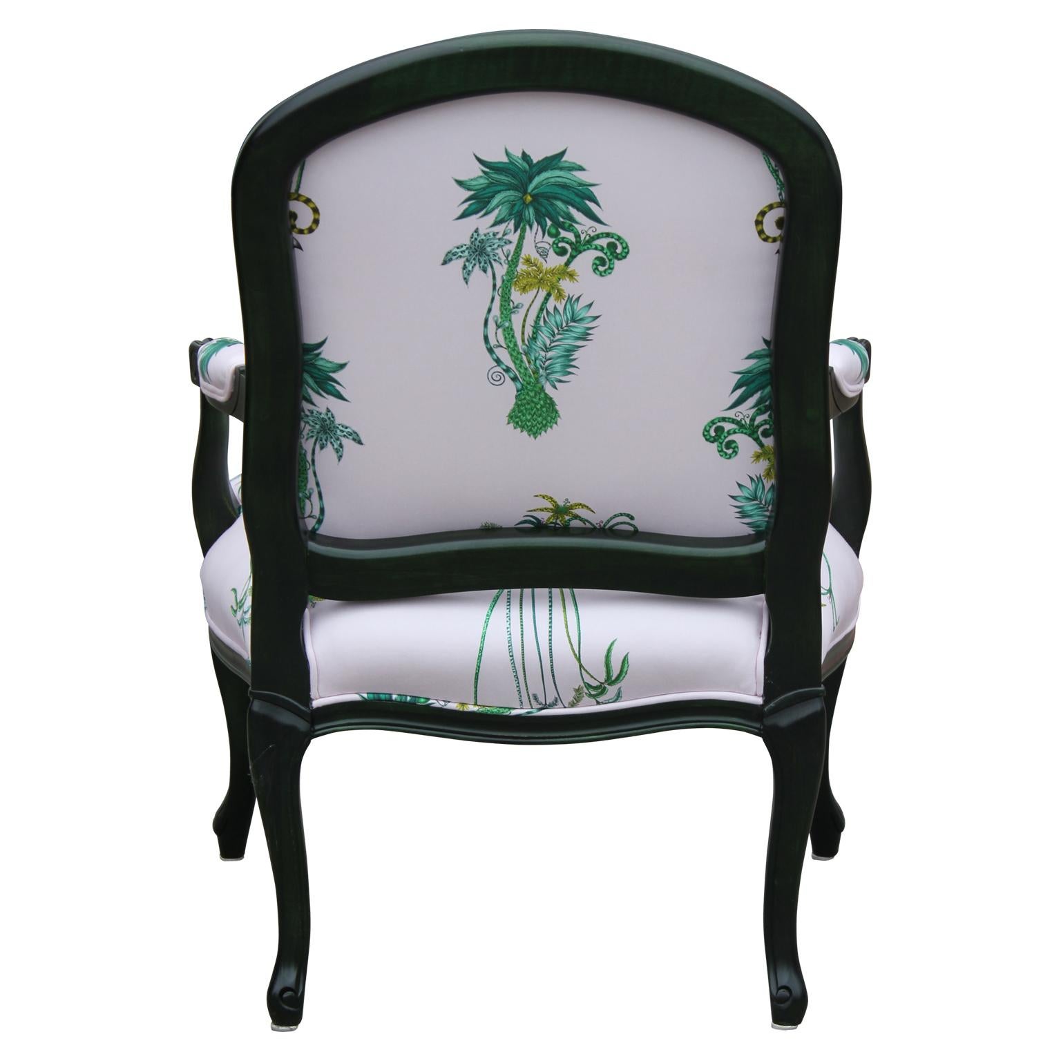 Modern Custom Green Dyed French Armchair with Tropical Palm Tree Upholstery For Sale