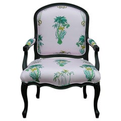 Custom Green Dyed French Armchair with Tropical Palm Tree Upholstery