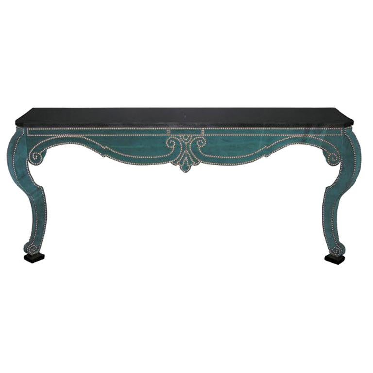 Green Teal Velvet Wall Mount Console with Black Granite Top For Sale