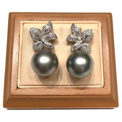 Custom Grey Tahitian Pearl with Diamond Earrings in 18K white gold