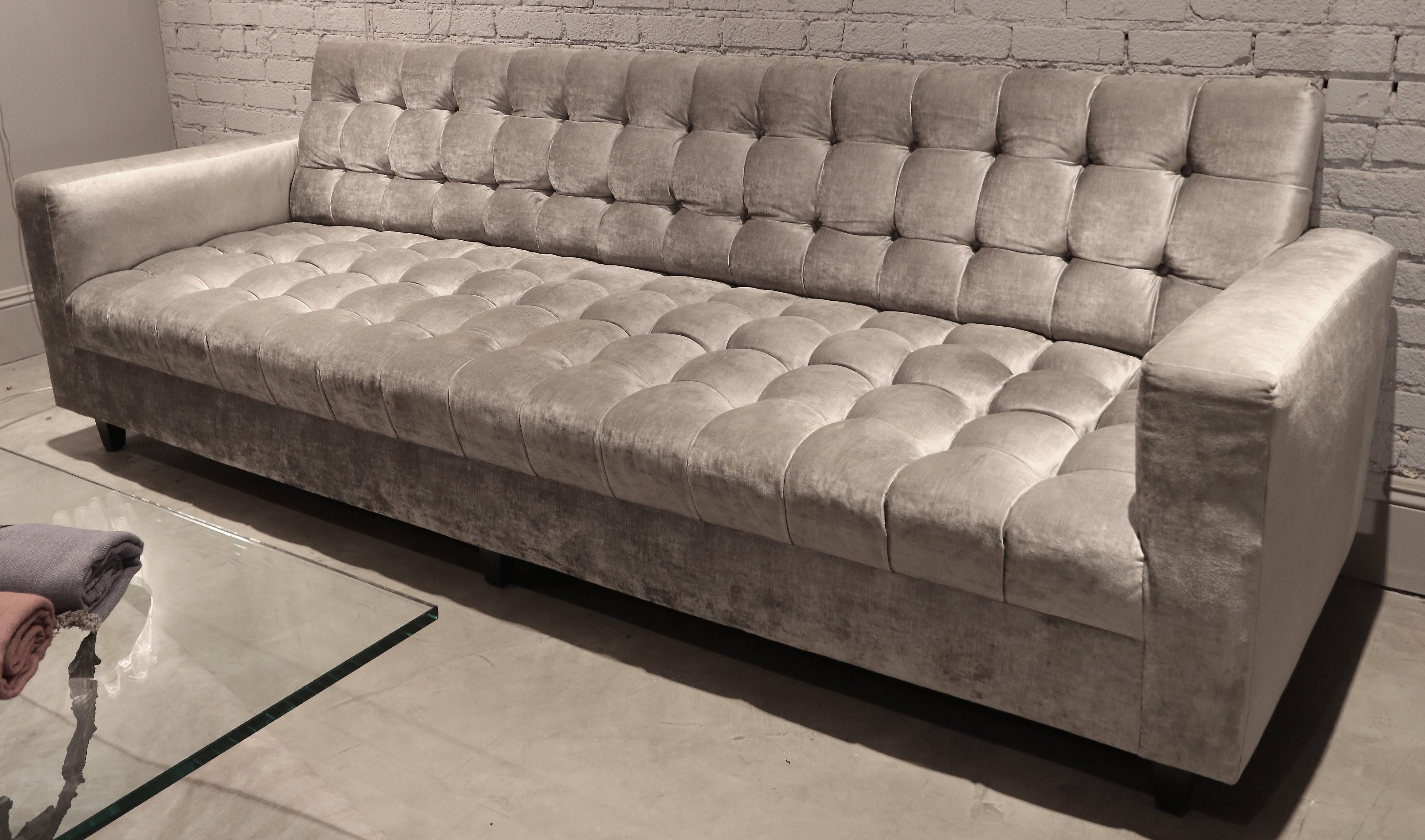 Custom tufted sofa upholstered in grey brussels velvet. Made in Los Angeles by Adesso Imports. Can be done in different sizes and colors.  Floor model.