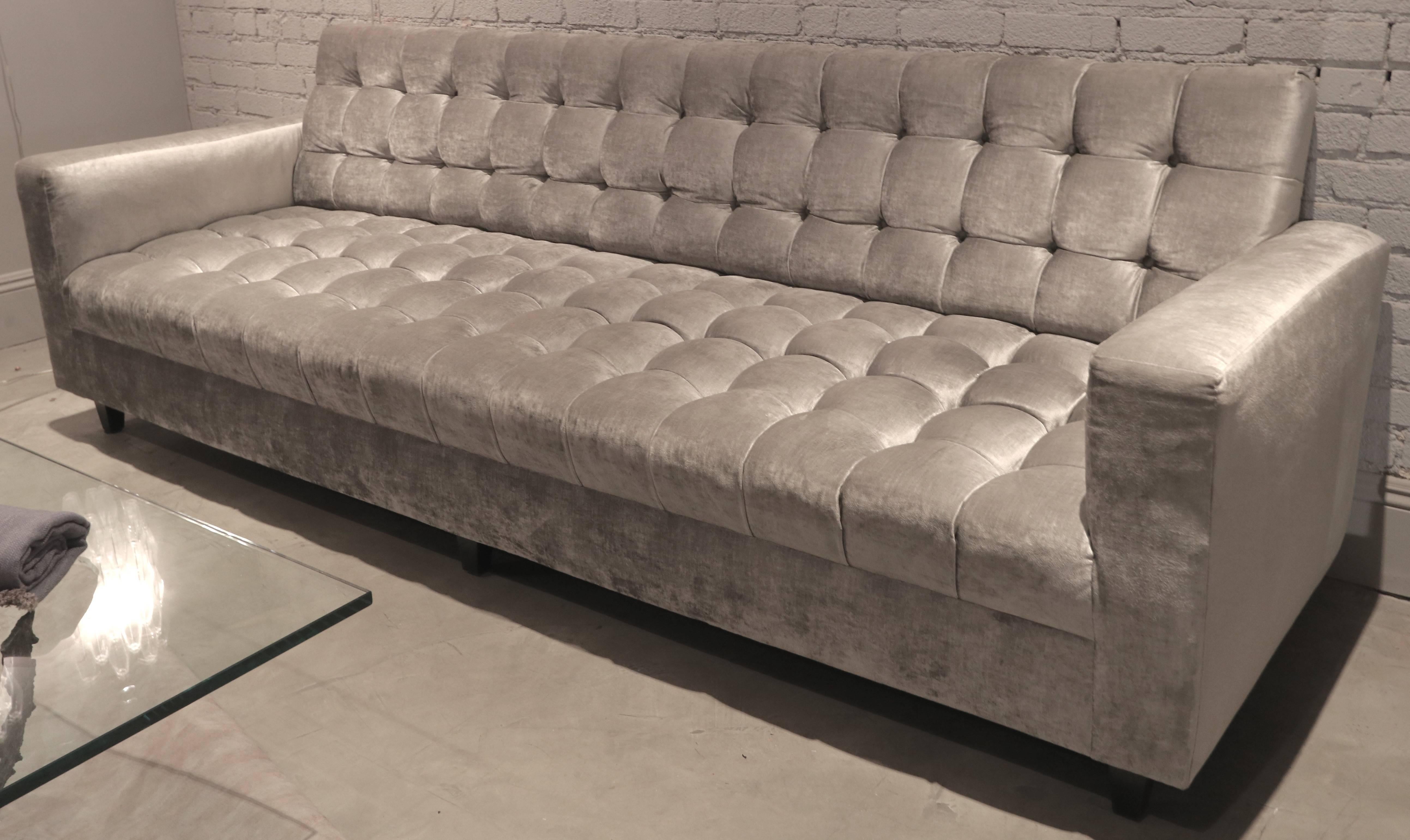 American Custom Grey Velvet Tufted Sofa by Adesso Imports For Sale