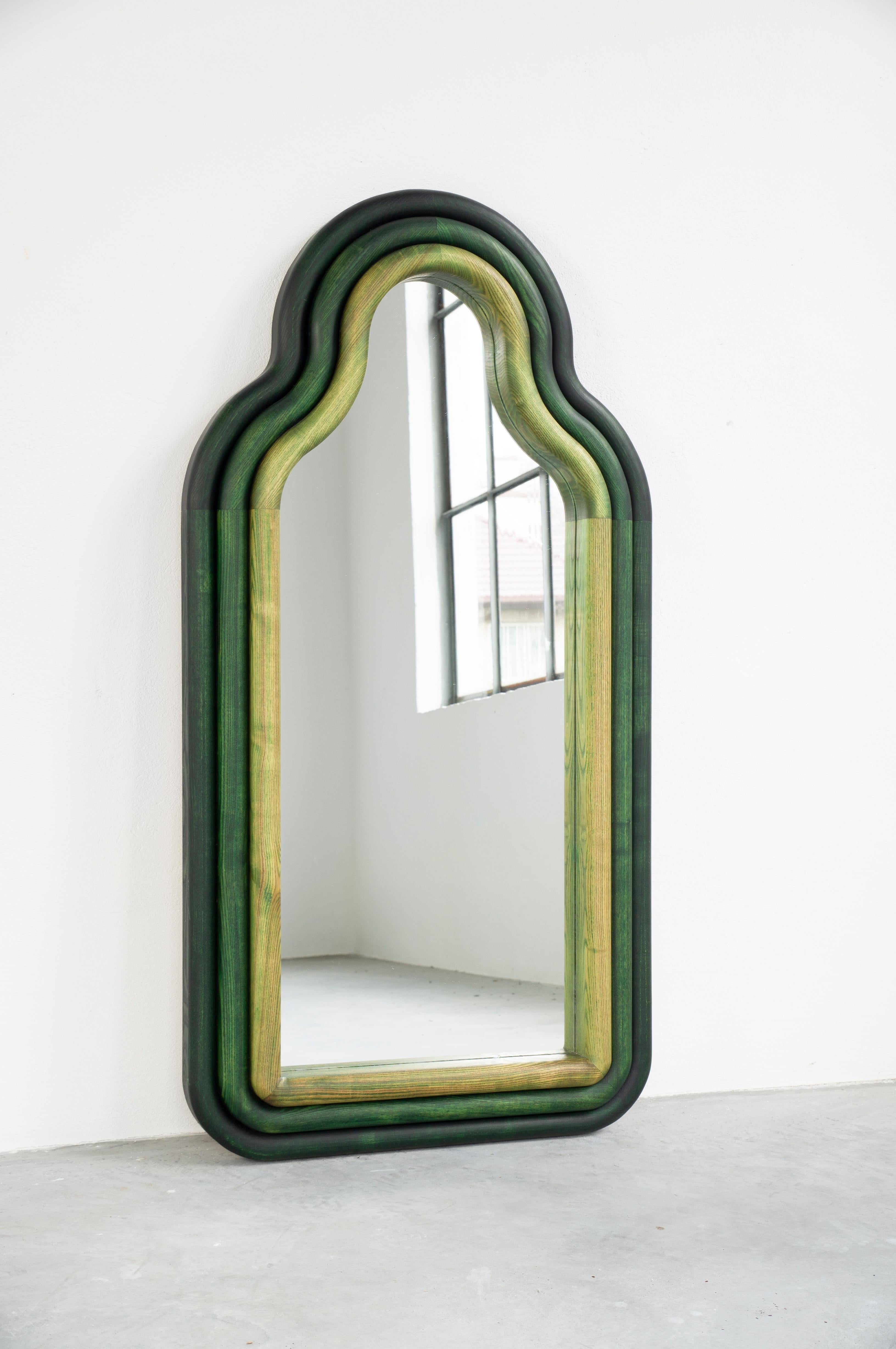 Floor mirror / Wall mirror
Designer: Pani Jurek
Model: TRN Triple
Dimensions: H 193 x 61,5 cm
Materials: Solid ashwood, hand stained
Colors: Dark green

Pani Jurek is a Polish artist and designer who as developed a beautiful collection of