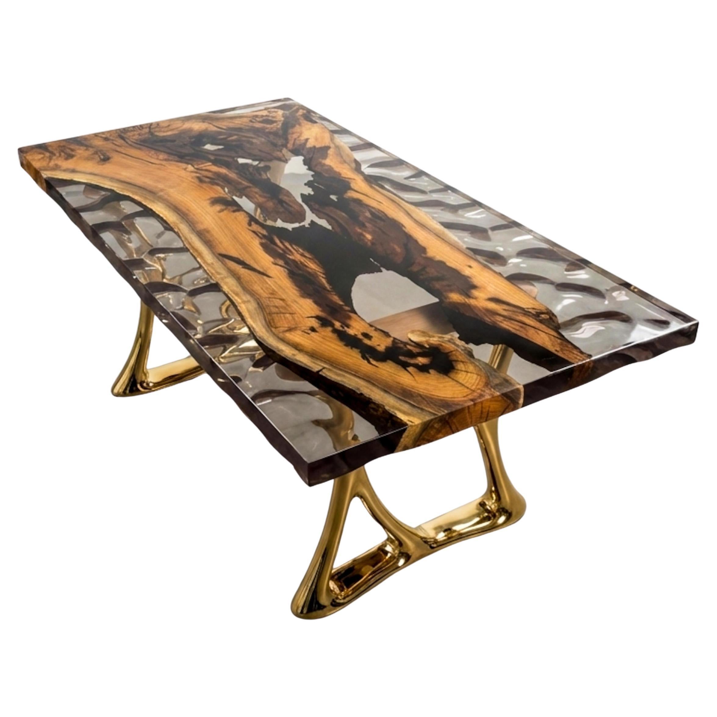 Custom Hackberry 
Crystal Clear Resin Table - Sculptural Wave Texture (72") For Sale