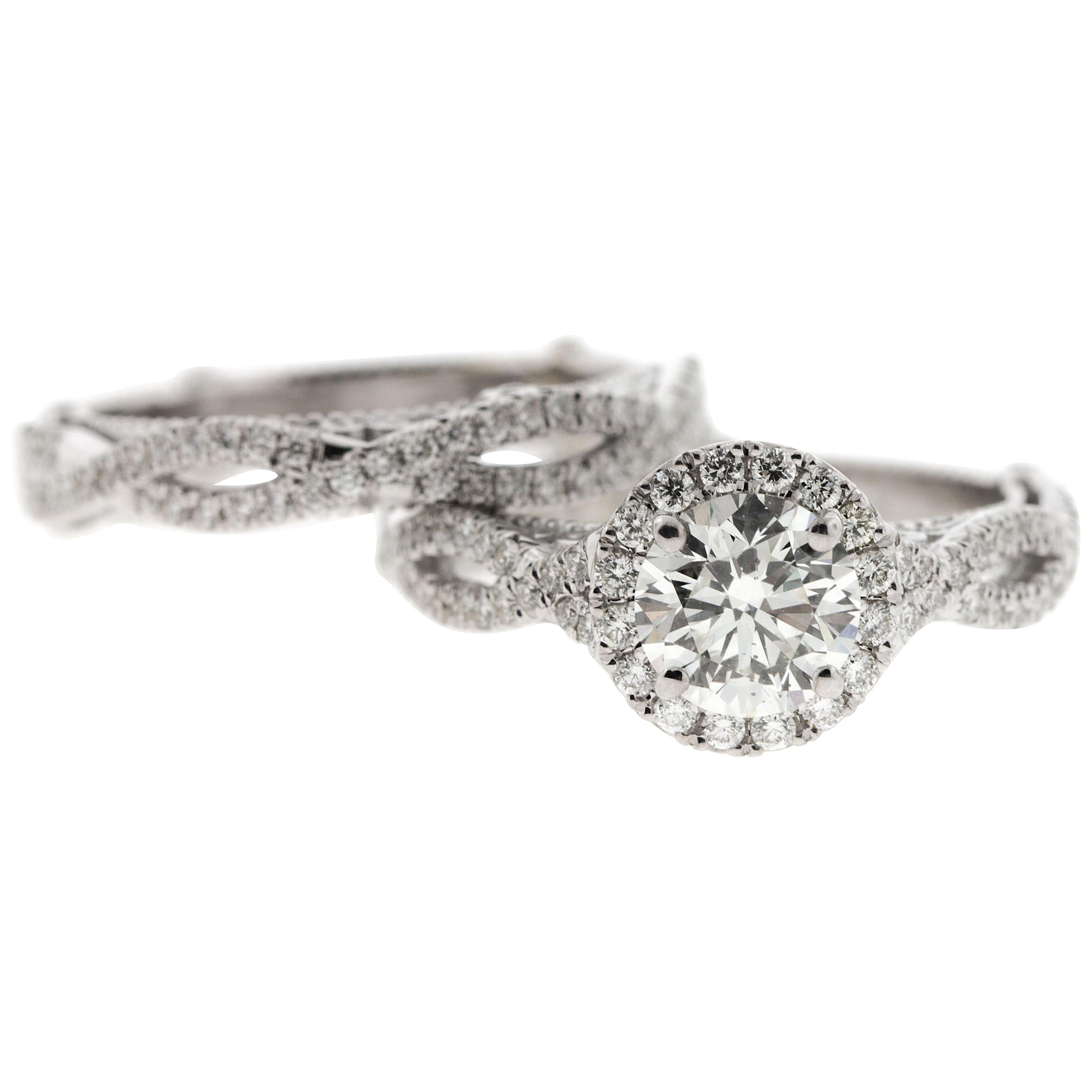 Custom Halo Diamond Engagement Ring with Cathedral Gallery & Peekaboo Diamond For Sale