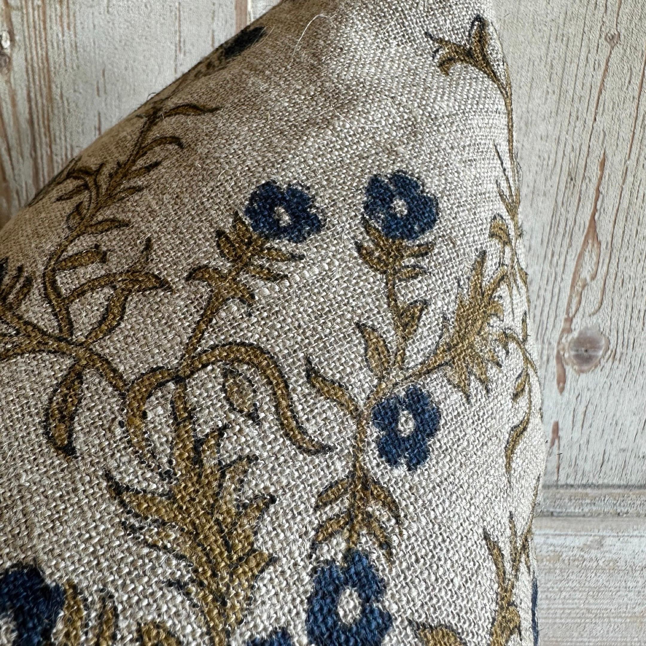 Custom Hand Block-Printed Linen Pillow with Down Feather Insert In New Condition In Brea, CA