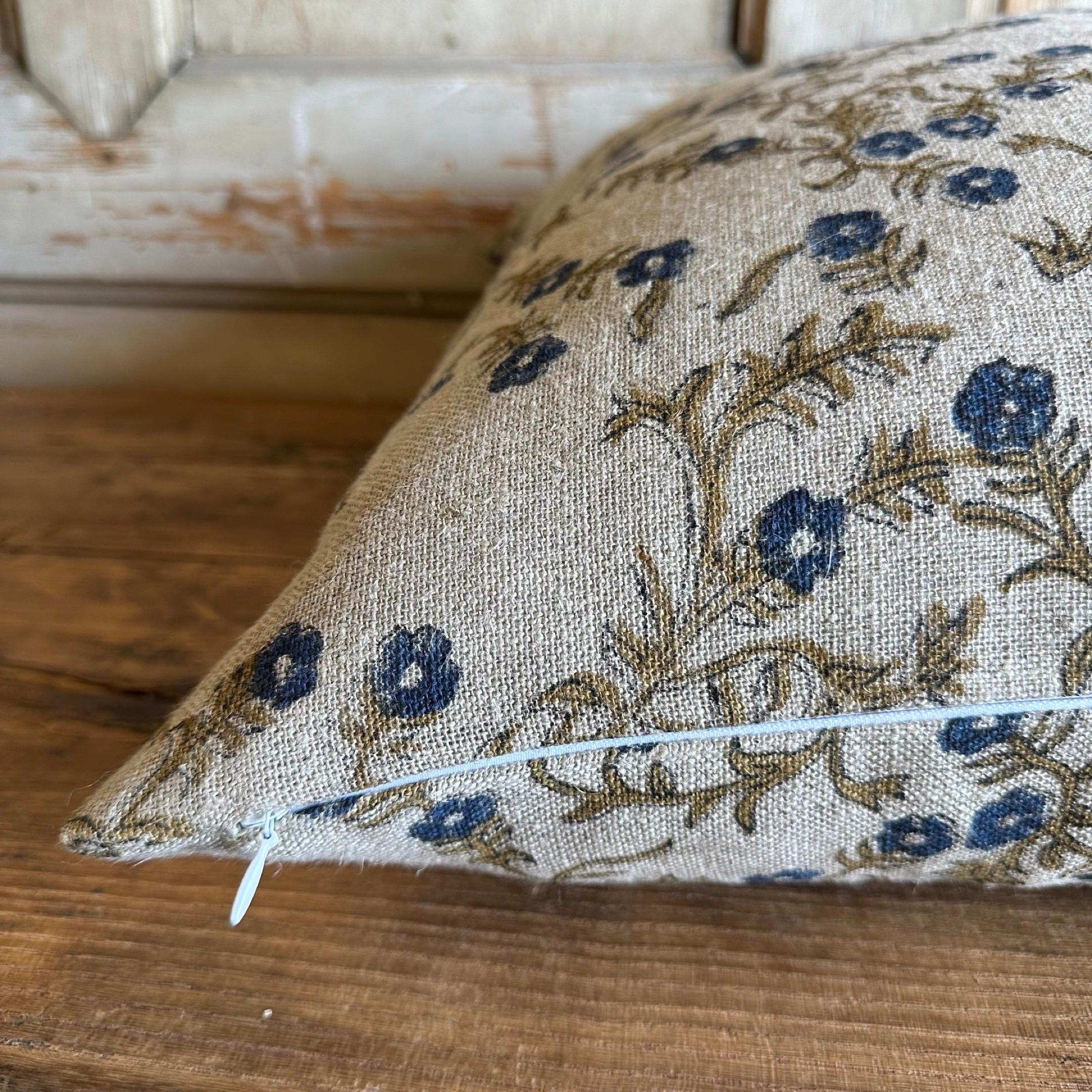 Contemporary Custom Hand Block-Printed Linen Pillow with Down Feather Insert