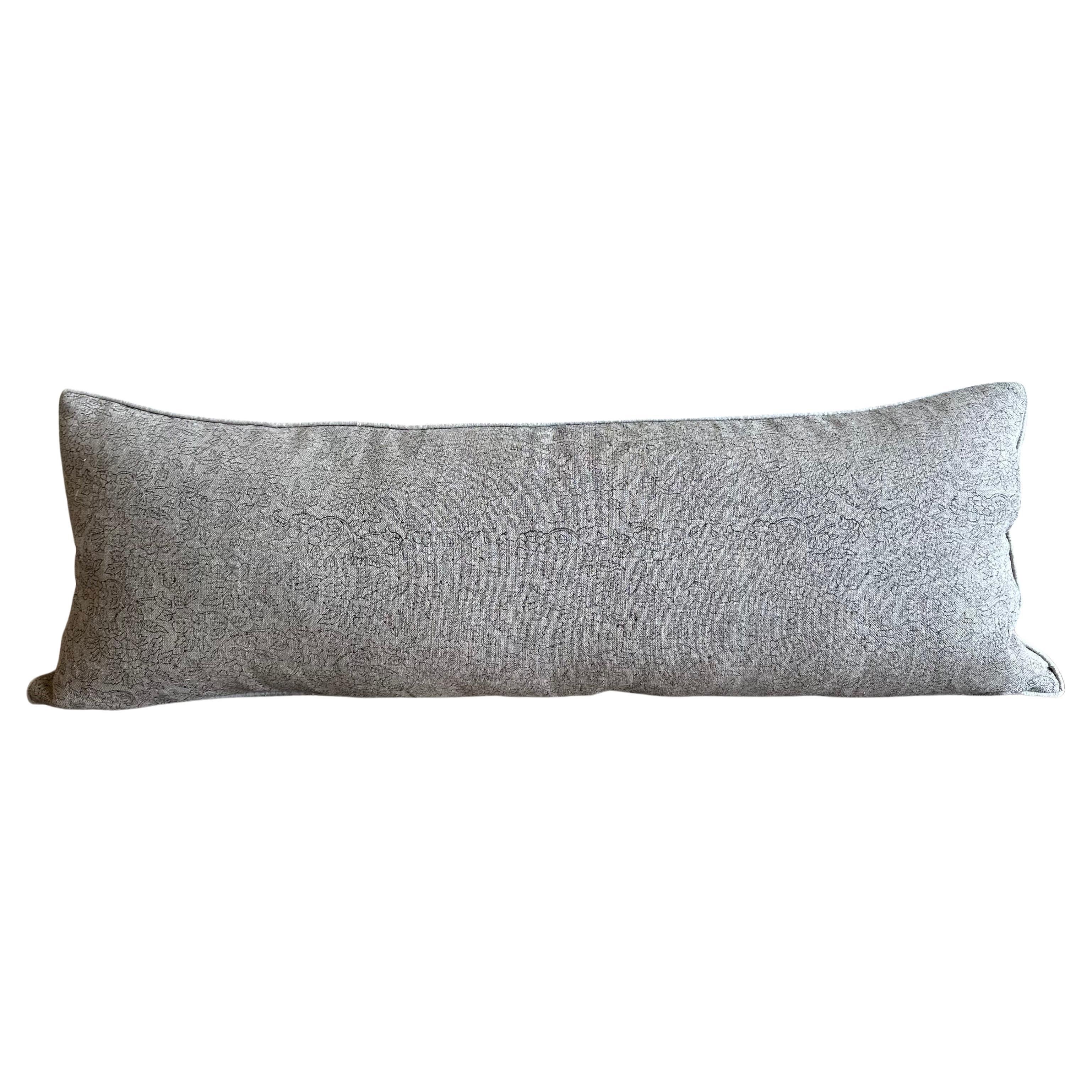 Custom Hand Blocked Marceline Noir Long Lumbar Pillow on Natural Linen
