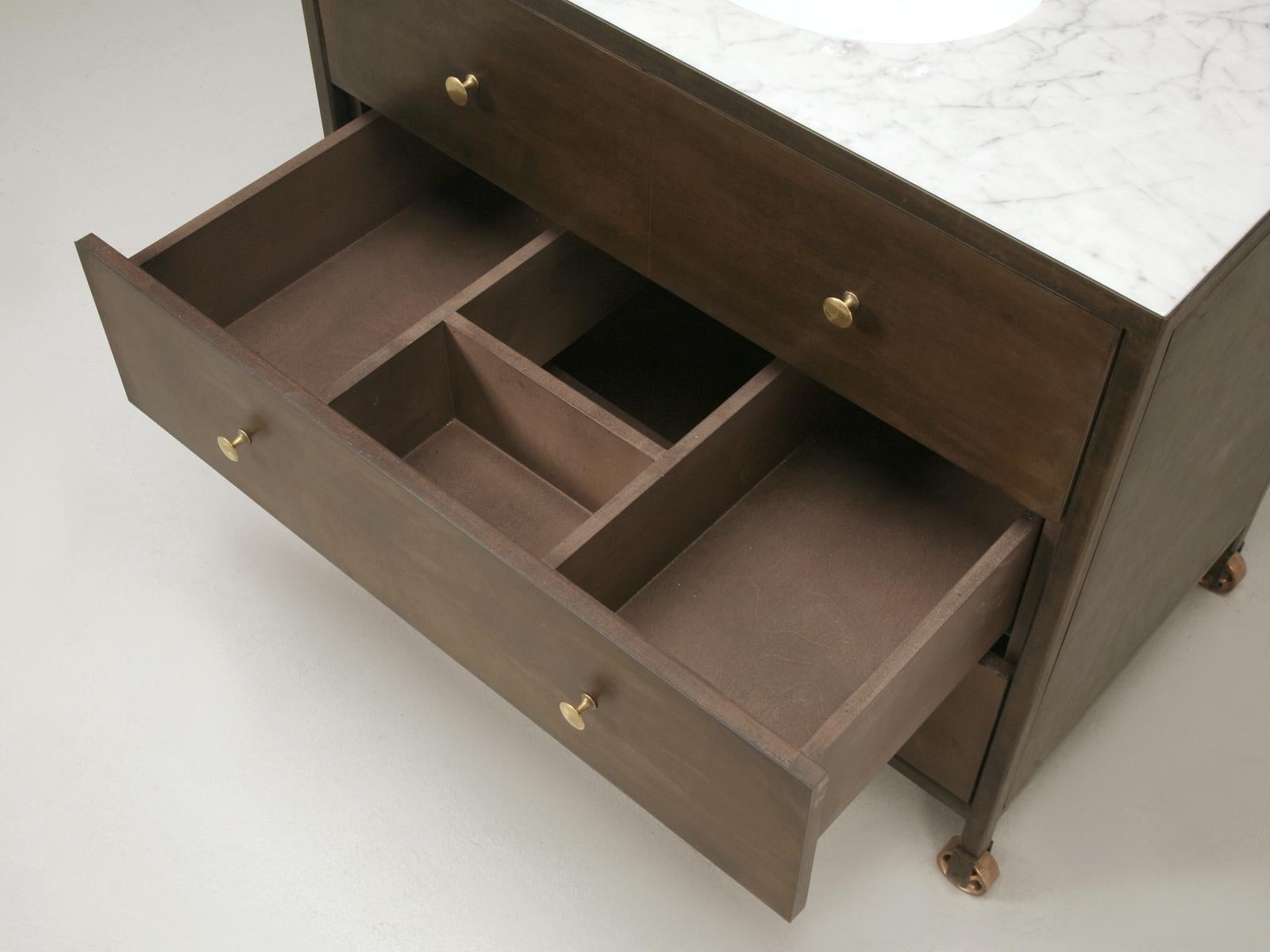 Custom Hand-Made Steel Commode Marble Top, Casters with Aged Patina Finish For Sale 3