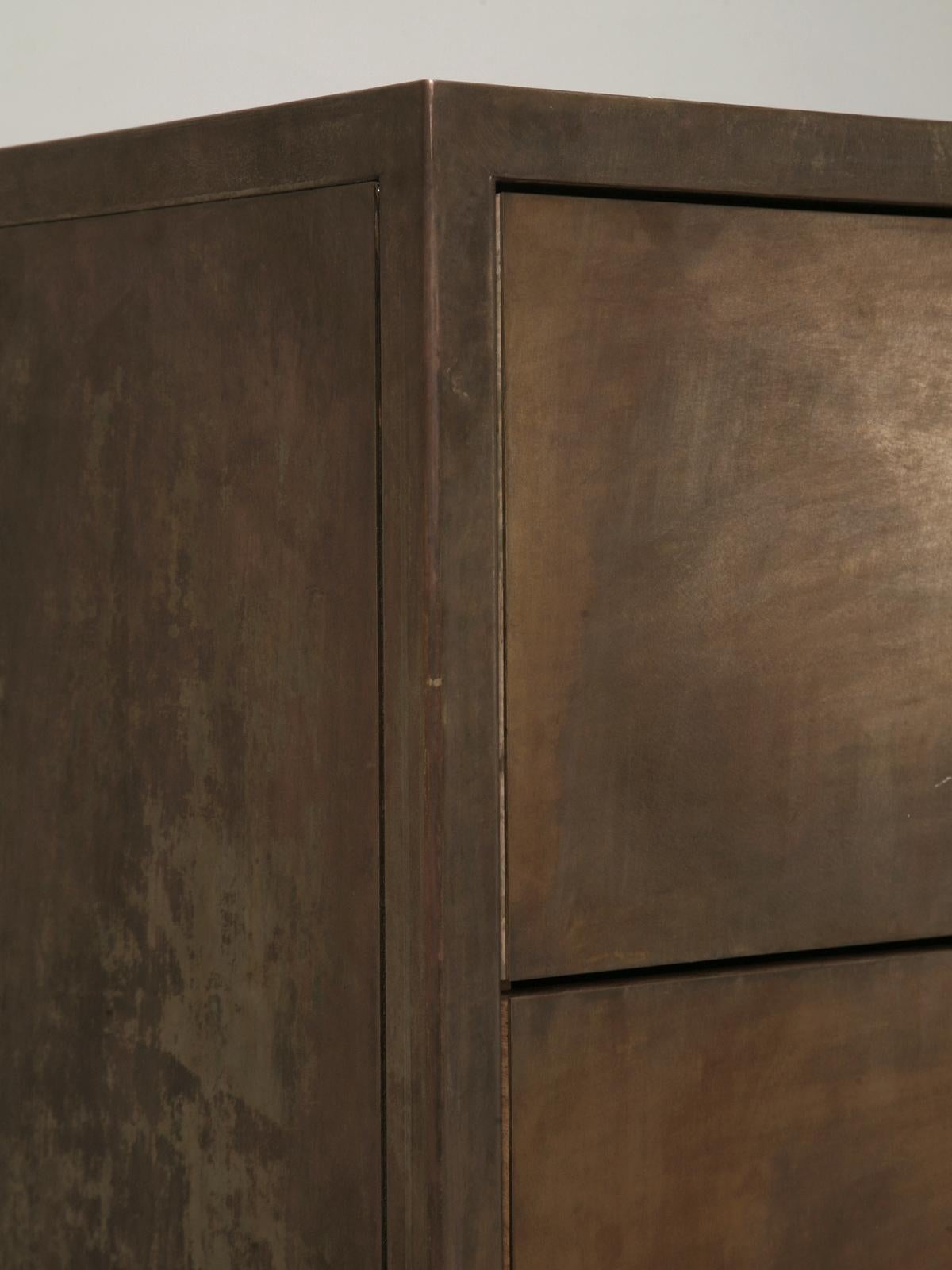 Industrial Custom Hand-Made Steel Commode Marble Top, Casters with Aged Patina Finish For Sale