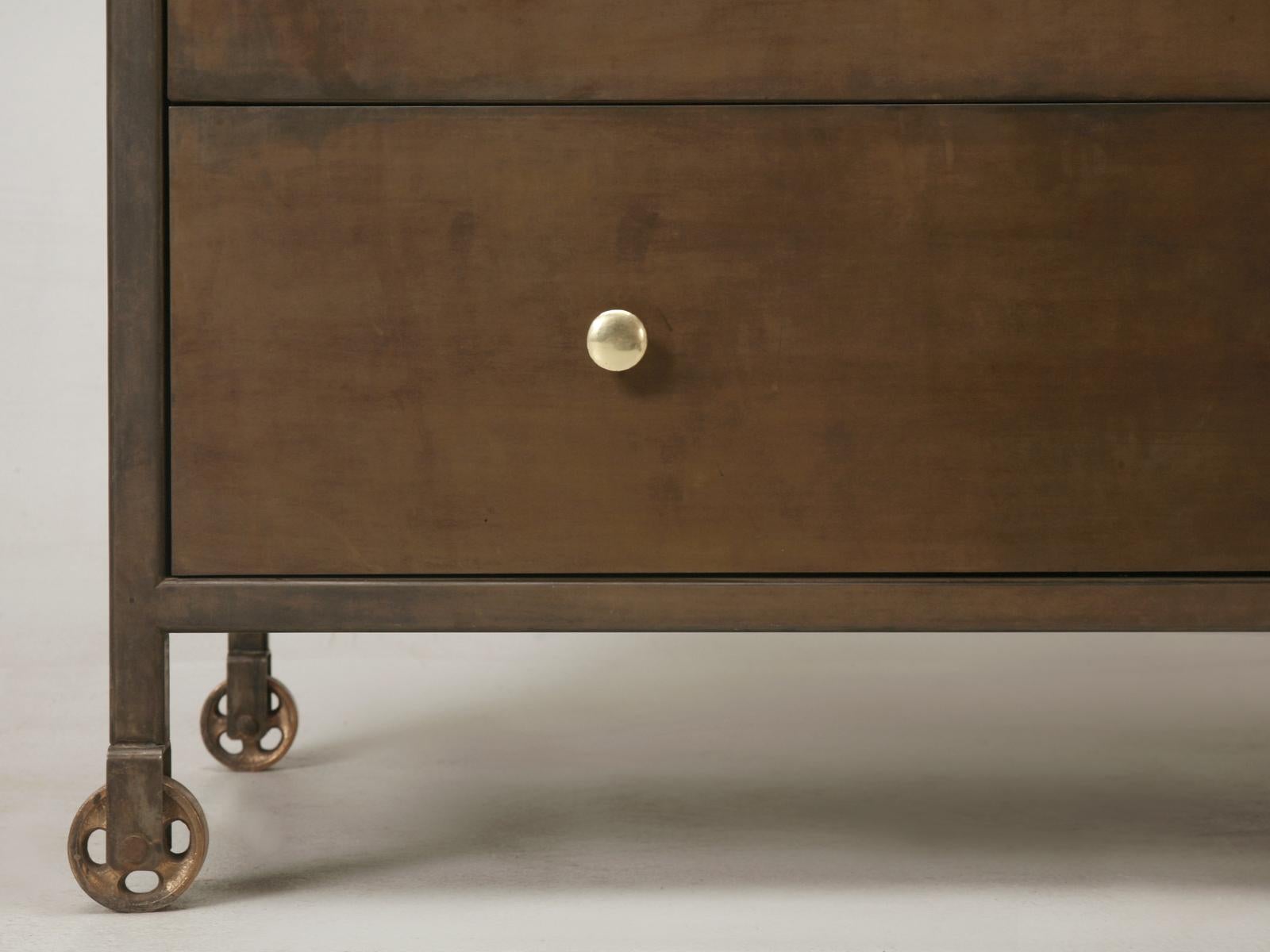 Custom Hand-Made Steel Commode Marble Top, Casters with Aged Patina Finish In New Condition For Sale In Chicago, IL