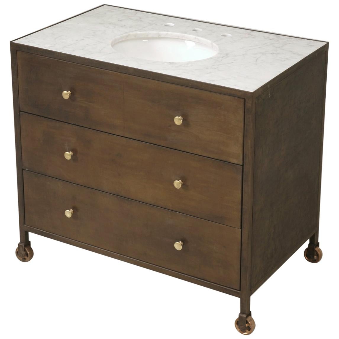 Custom Hand-Made Steel Commode Marble Top, Casters with Aged Patina Finish  For Sale