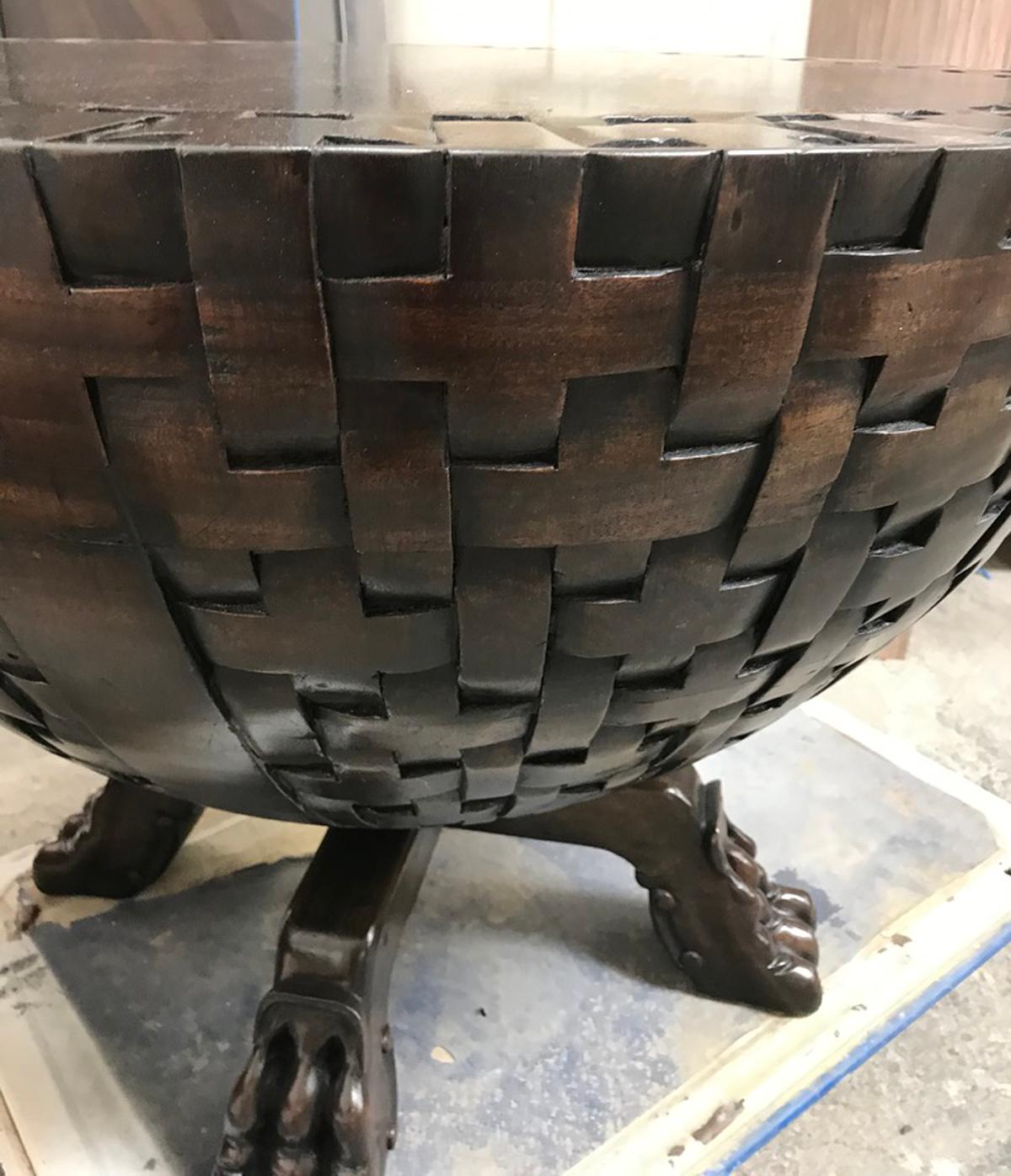 American Custom Hand Carved Basketweave Table by Dos Gallos Studio For Sale
