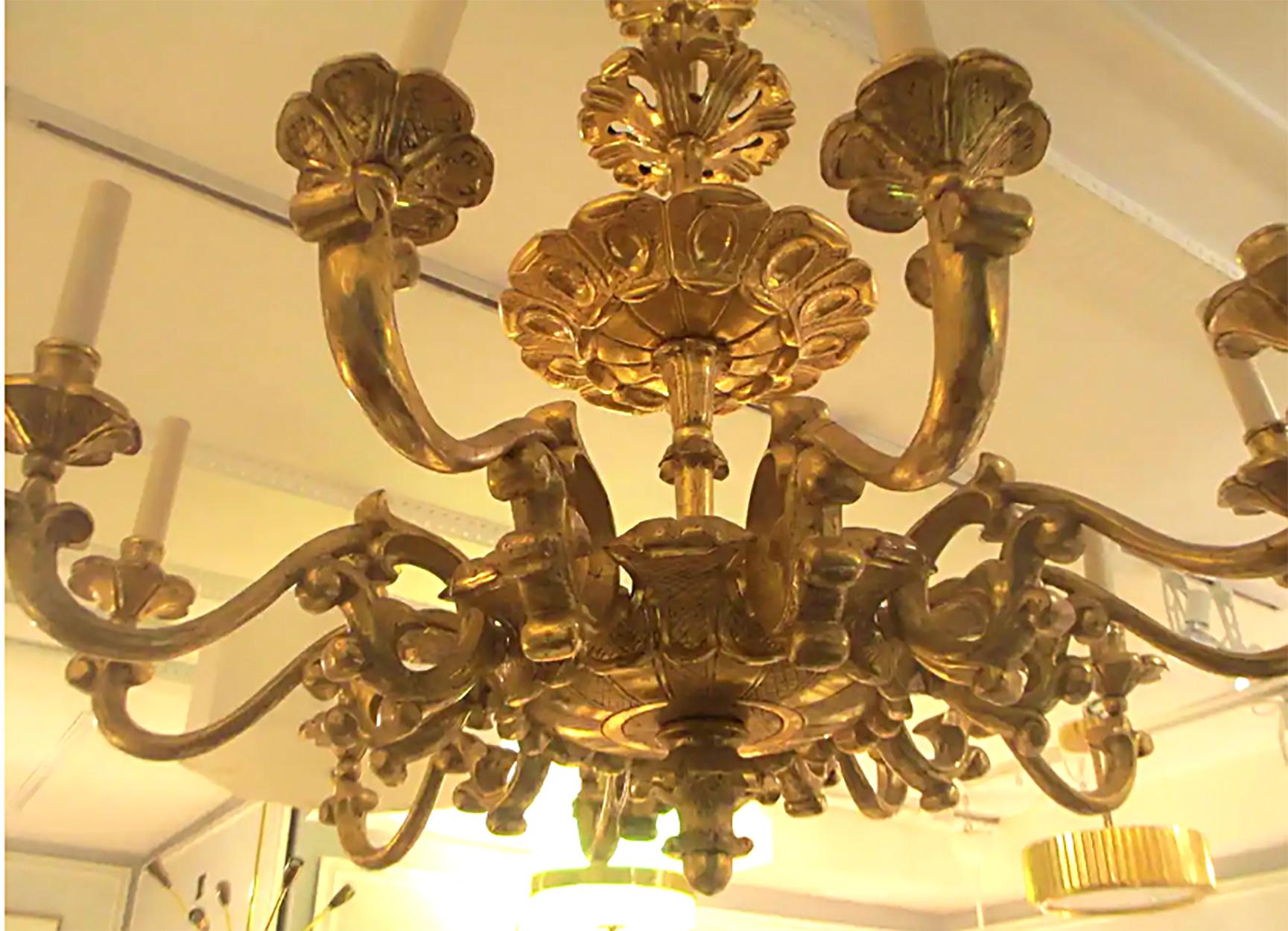 Hand-Carved Custom Hand Carved Giltwood Eight-Arm Chandelier in the Baroque Manner For Sale