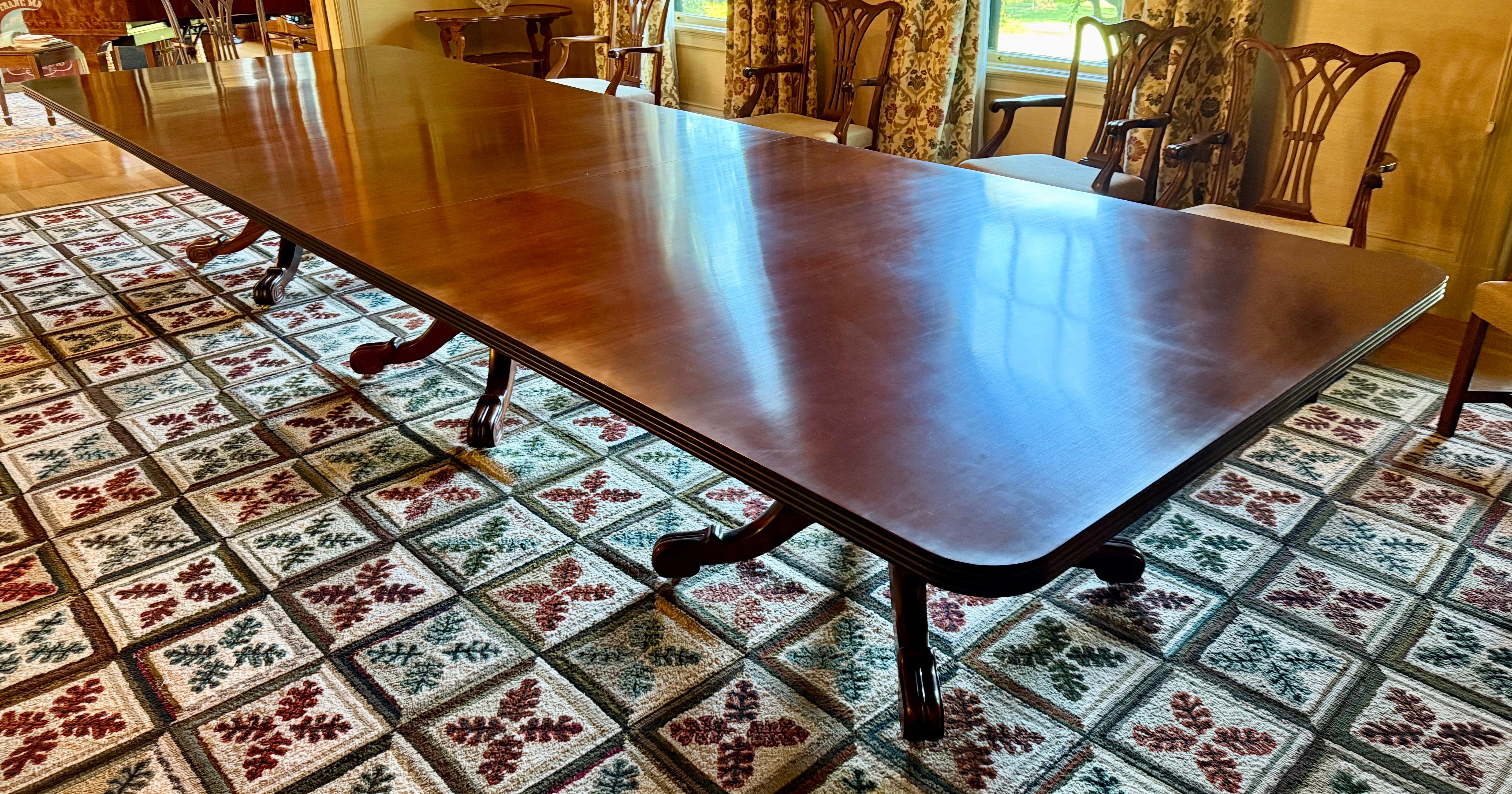 Custom Hand Crafted Federal Style Mahogany Triple Pedestal 15 Ft. Dining Table For Sale 3