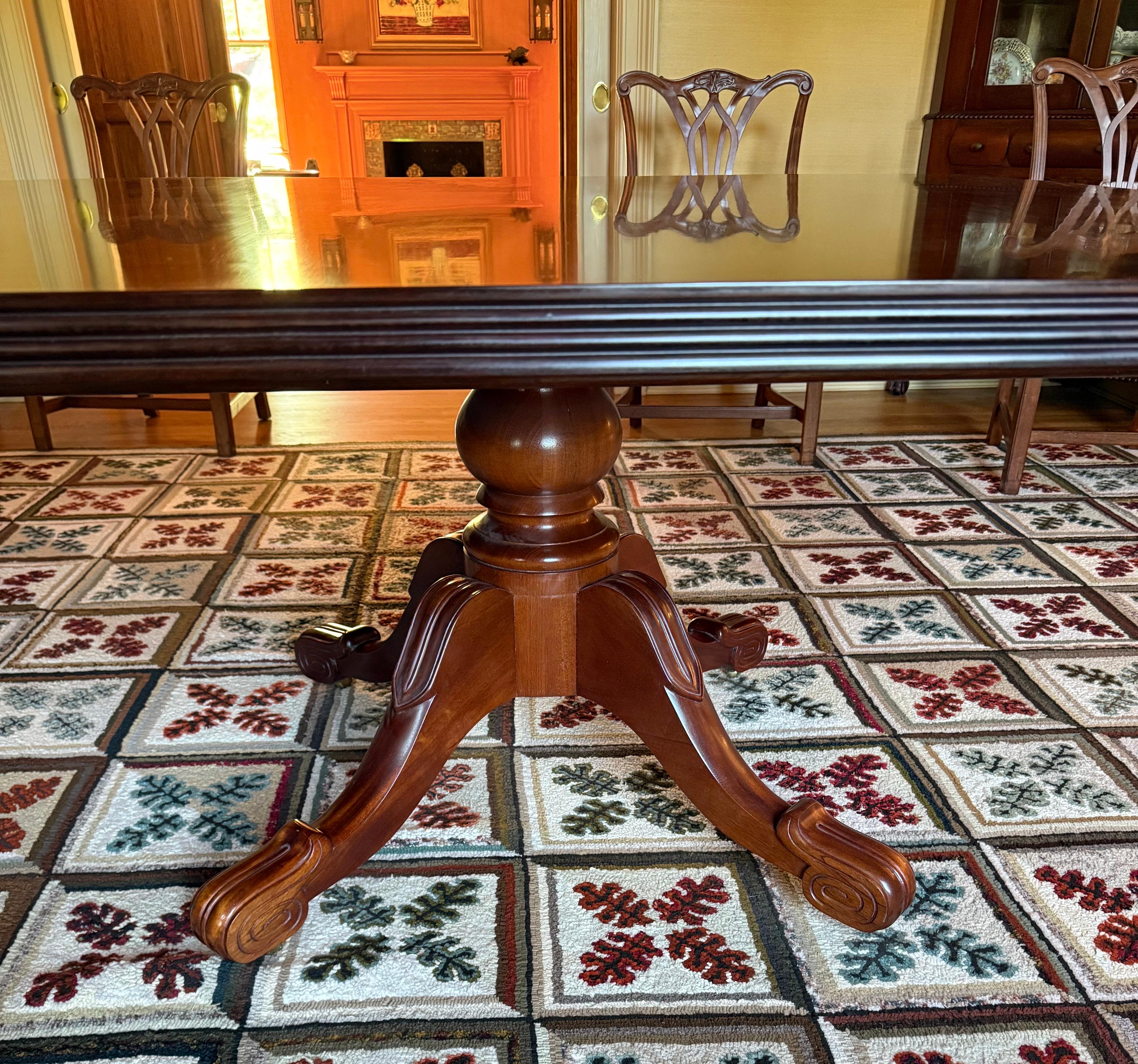 Custom Hand Crafted Federal Style Mahogany Triple Pedestal 15 Ft. Dining Table In Excellent Condition For Sale In West Hartford, CT