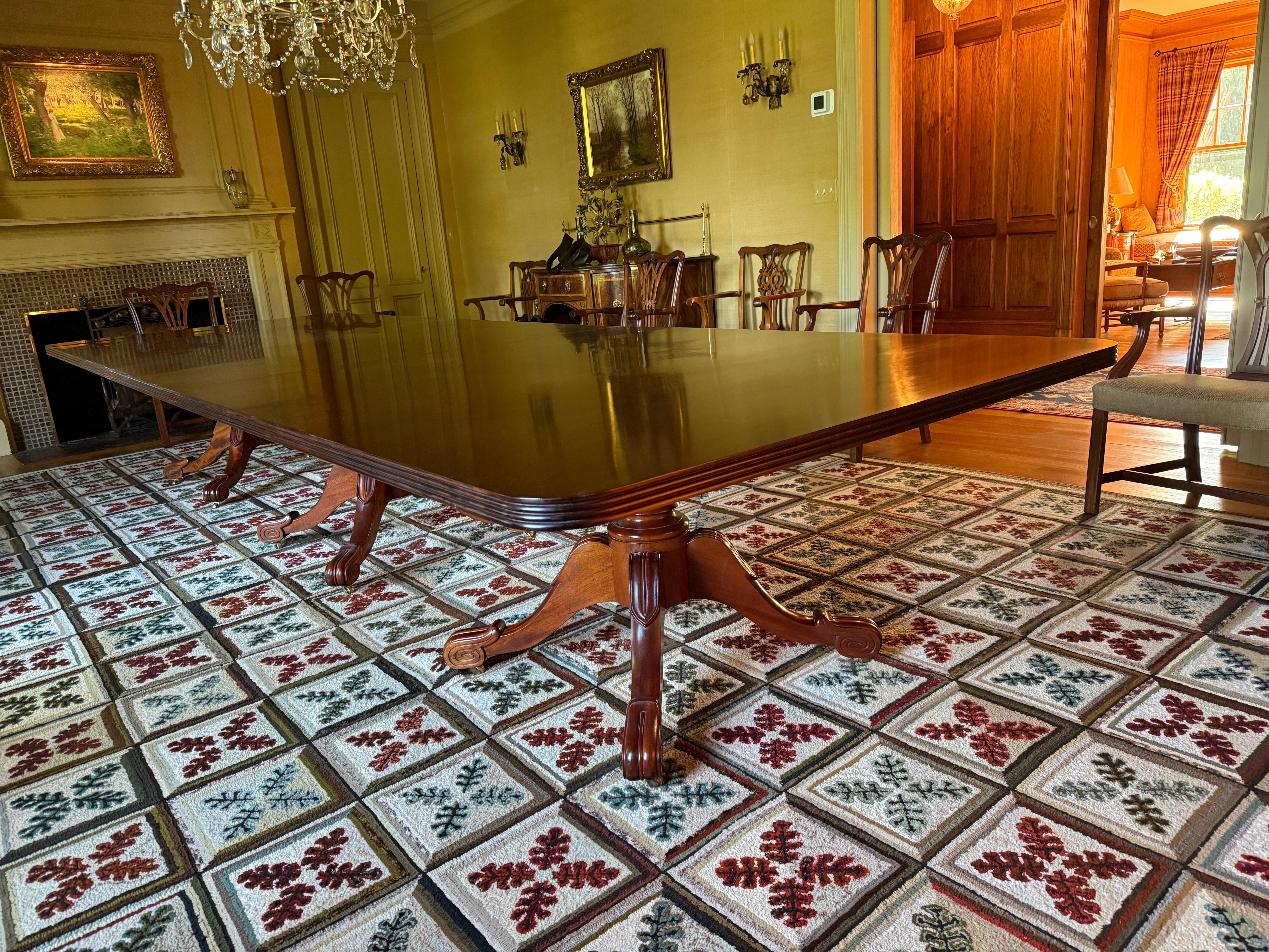 Brass Custom Hand Crafted Federal Style Mahogany Triple Pedestal 15 Ft. Dining Table For Sale