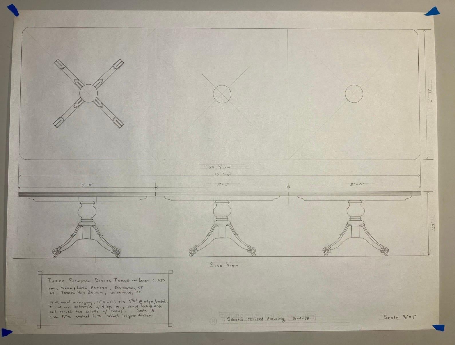 Custom Hand Crafted Federal Style Mahogany Triple Pedestal 15 Ft.Dining Table en vente 9
