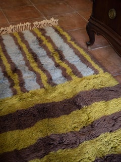Custom Hand-Knotted Beni Mrirt 2'x6' Runner, Olive Green, Brown & Blue Stripes