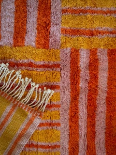 Custom Hand-Knotted Berber 4'x5' Rug Pink, Ochre & Orange Checkerboard Stripes