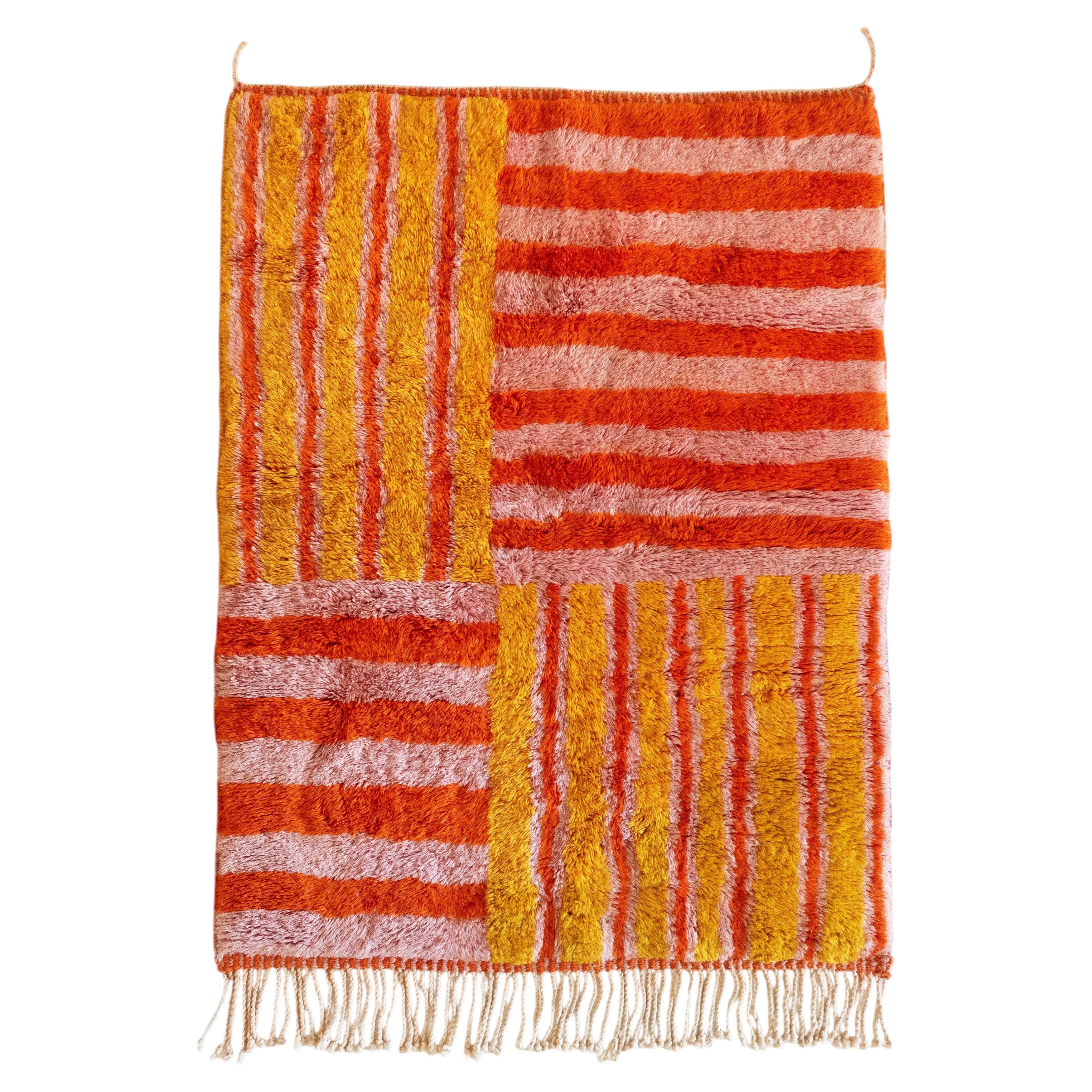 Custom Hand-Knotted Berber 4'x5' Rug Pink, Ochre & Orange Checkerboard Stripes