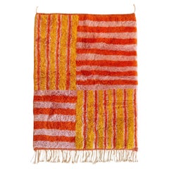 Custom Hand-Knotted Berber 4'x5' Rug Pink, Ochre & Orange Checkerboard Stripes