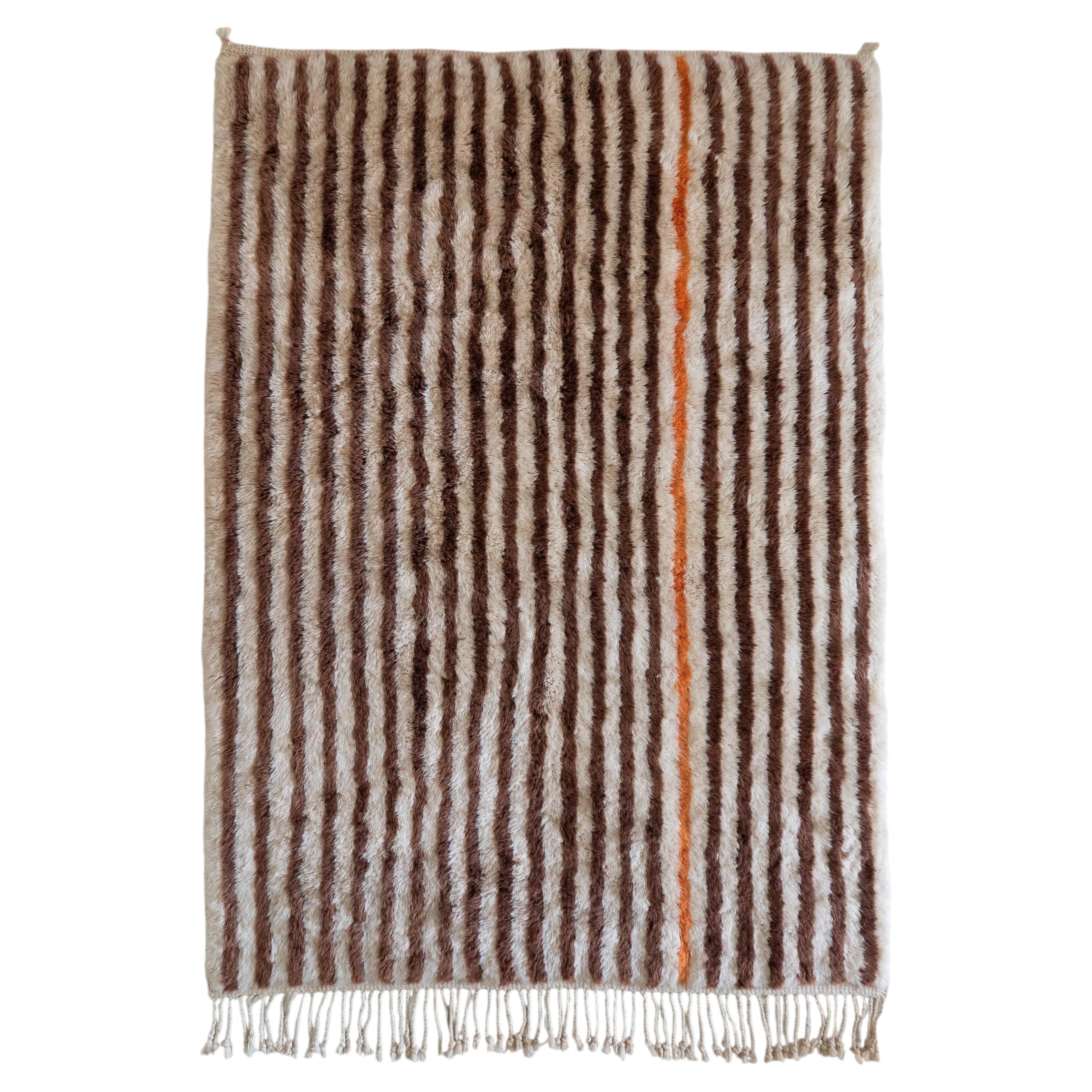 Custom Hand-Knotted Berber Rug 3'x5' With Espresso Stripes and Orange Accent For Sale
