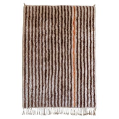 Custom Hand-Knotted Berber Rug 5'x7' With Espresso Stripes and Orange Accent