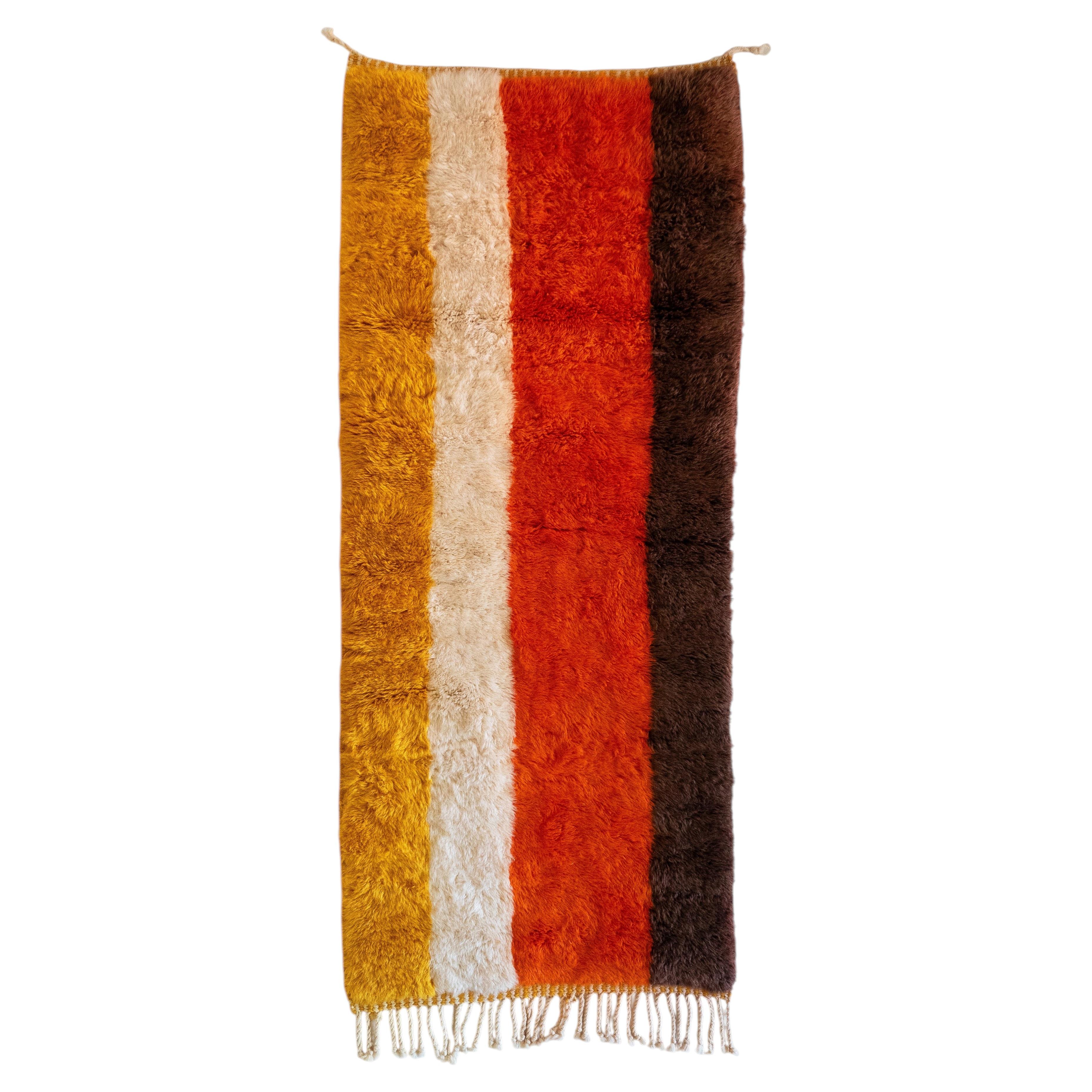 Custom Hand-Knotted Berber Runner 3'x7' With Ochre Yellow, Orange Wide Stripes For Sale