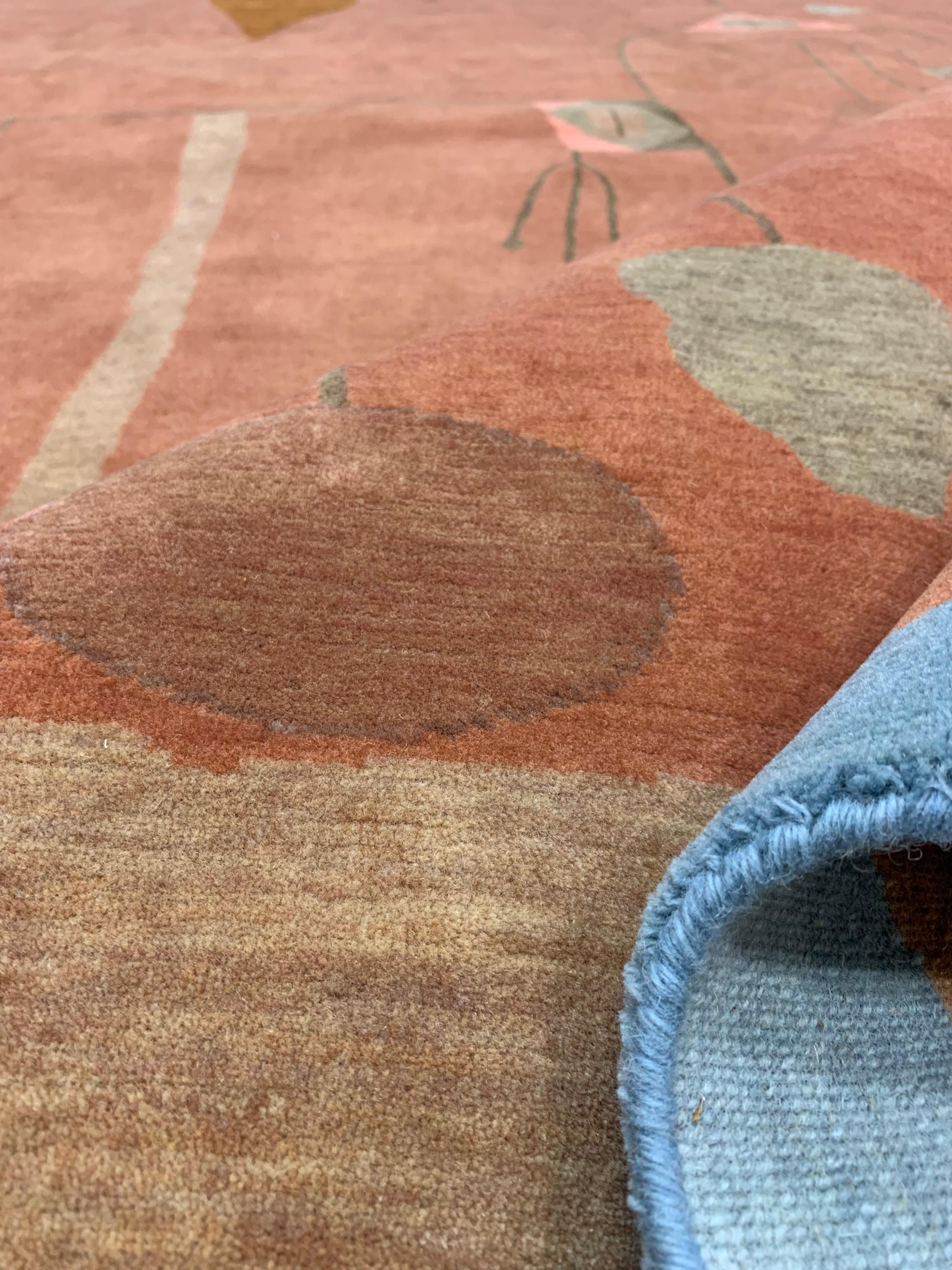 Custom hand knotted rug based on the painting “Fruits on Red” by Paul Klee.

Sustainable and certified fair-trade artisanal production. Label Step fair-trade partners. 

Colors: 13 custom-dyed colors. Main colors in the rug: sienna brown, cerulean