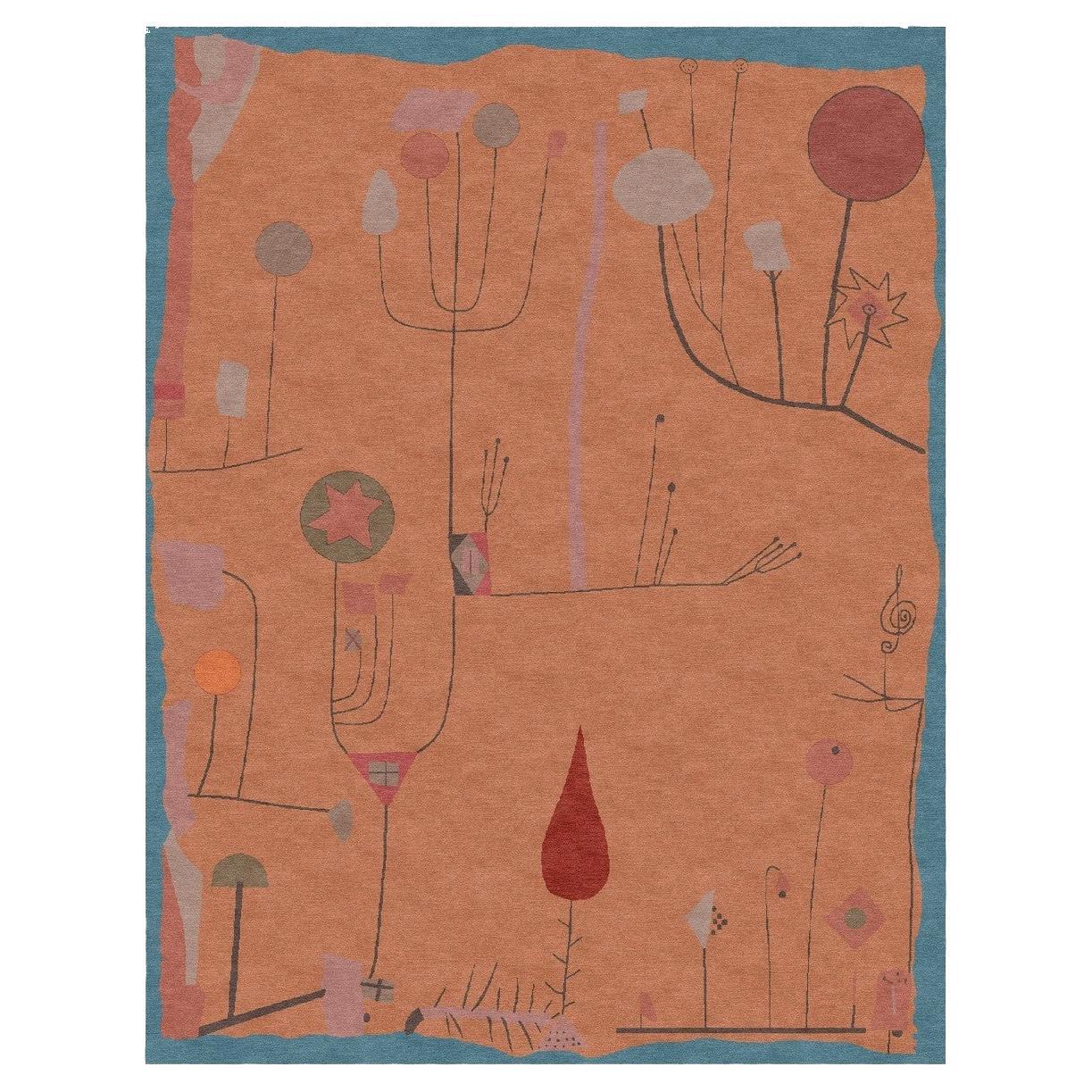 Custom Hand knotted Rug, after Paul Klee “Fruits on Red”. Bauhaus. Brown. Wool.