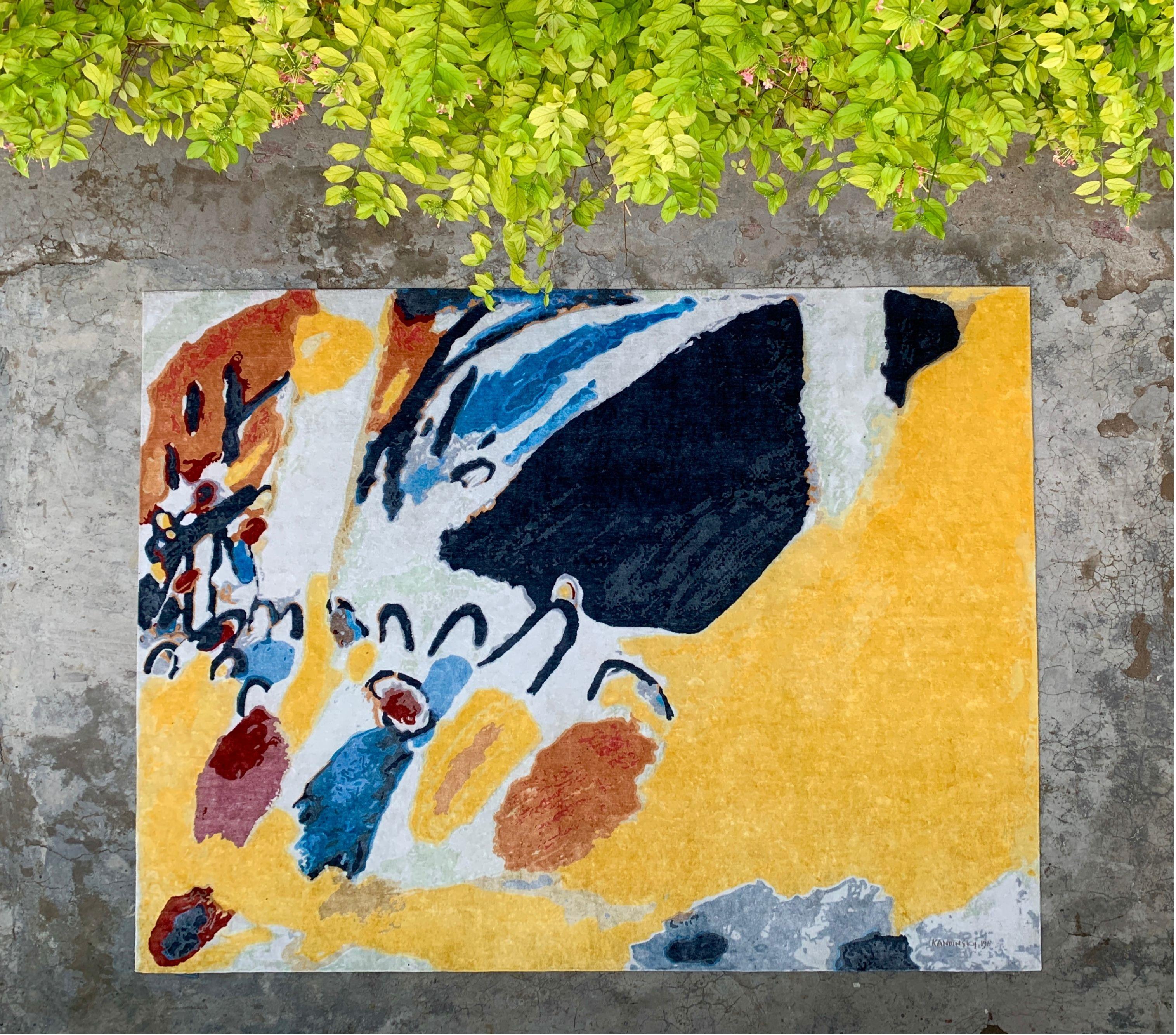 Custom hand knotted rug based on the painting “Impression (Concert)” by Bauhaus master painter Wassily Kandinsky. 

Material: fine wool.

Quality: 150 knots per square inch. Approx. 230 000 handmade knots per square meter.
Over 1 600 000 handmade