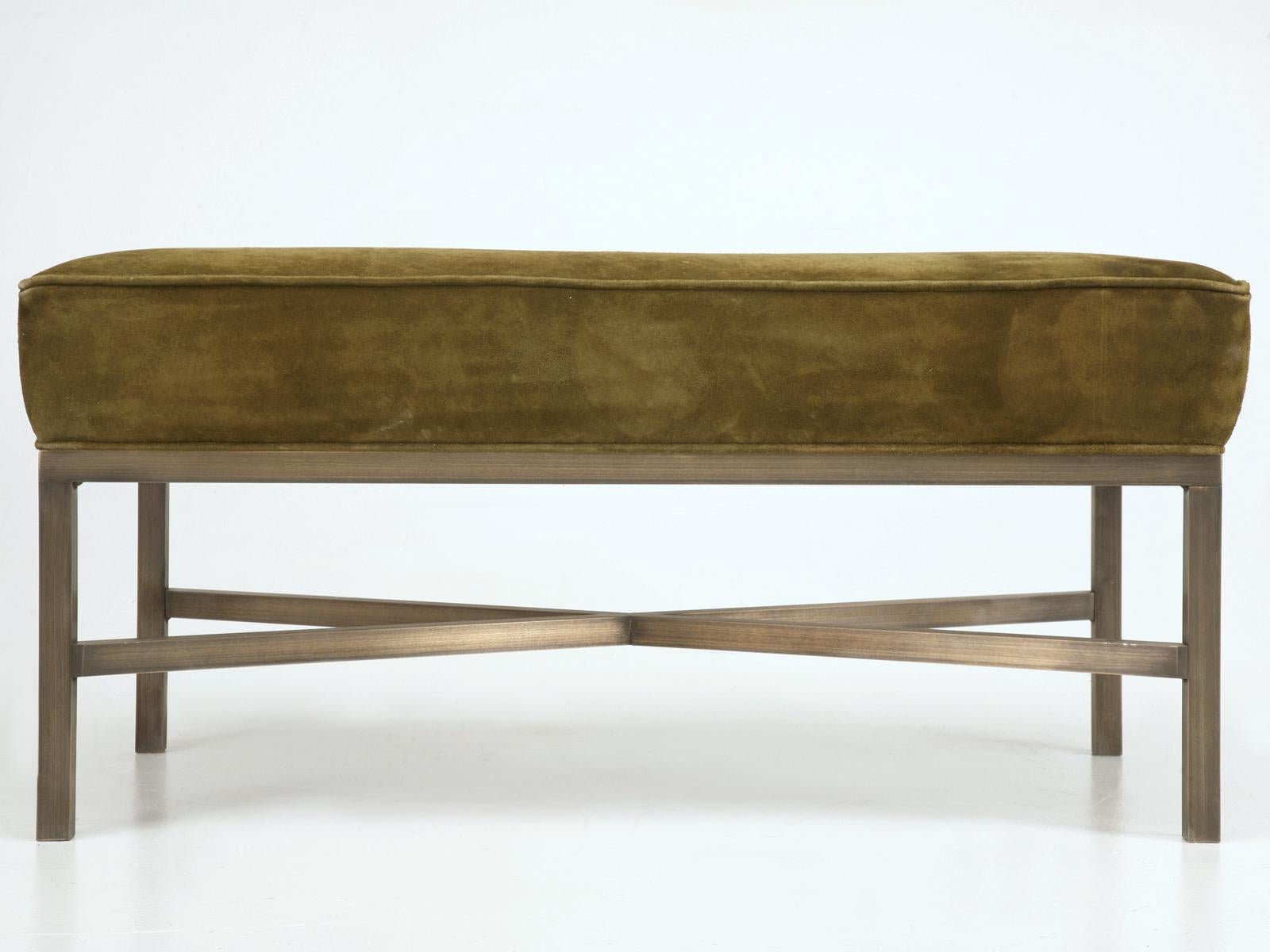 New handmade in our Chicago workshop is a custom upholstered bench with antiqued solid bronze frame and upholstered seat cushion. This Minimalist bench is elegant in its simplicity and can be reproduced in any dimension. The frame can also be made