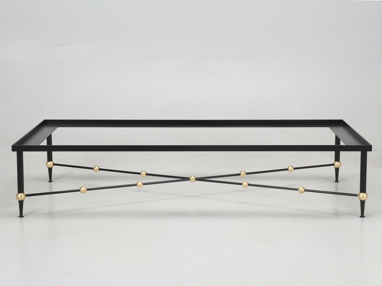 Custom steel and brass Mid-Century modern coffee table made to order by Old Plank and available in virtually any dimension or finish. Just submit your specifications through the 1stdibs message center for a quotation.
